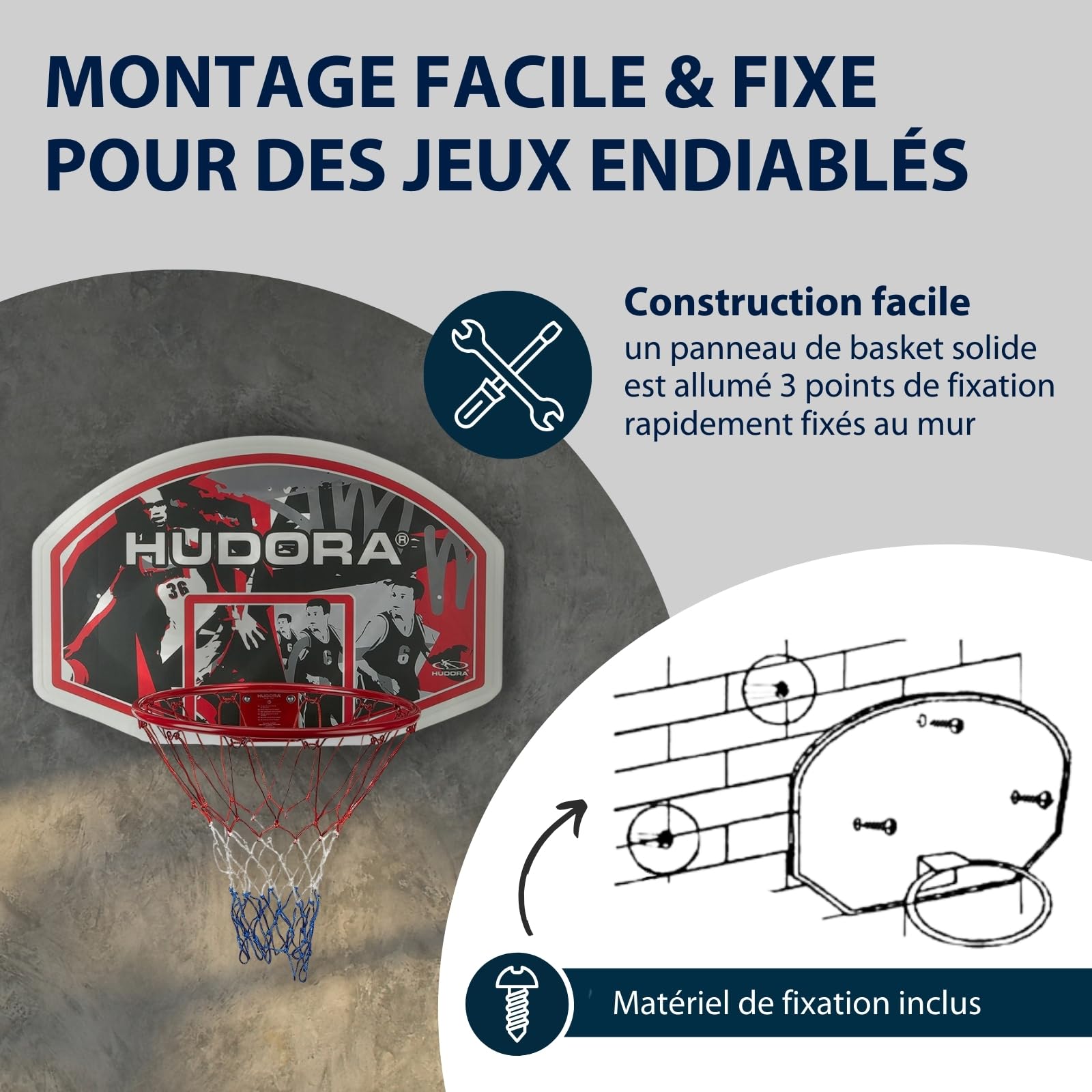 Hudora Kit de panier de basket pour l'intérieur et l'extérieur avec planche, panier de basket avec matériel de fixation murale, planche de basket-ball et panier pour adultes/adolescents et enfants