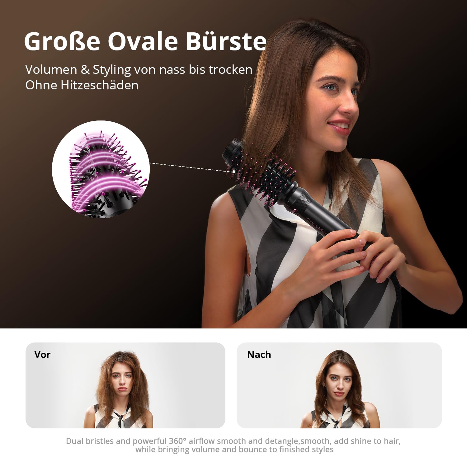 CrazyMar Rundbürstenföhn,7-in-1 Airstyler,Ionen Föhn & Lockenstab,110.000 U/min Warmluftbürste,Professioneller Hairstyler,Lockenstab Automatisch,Glätteisen,Zum Styling,Volumisieren,Locken und Glätten