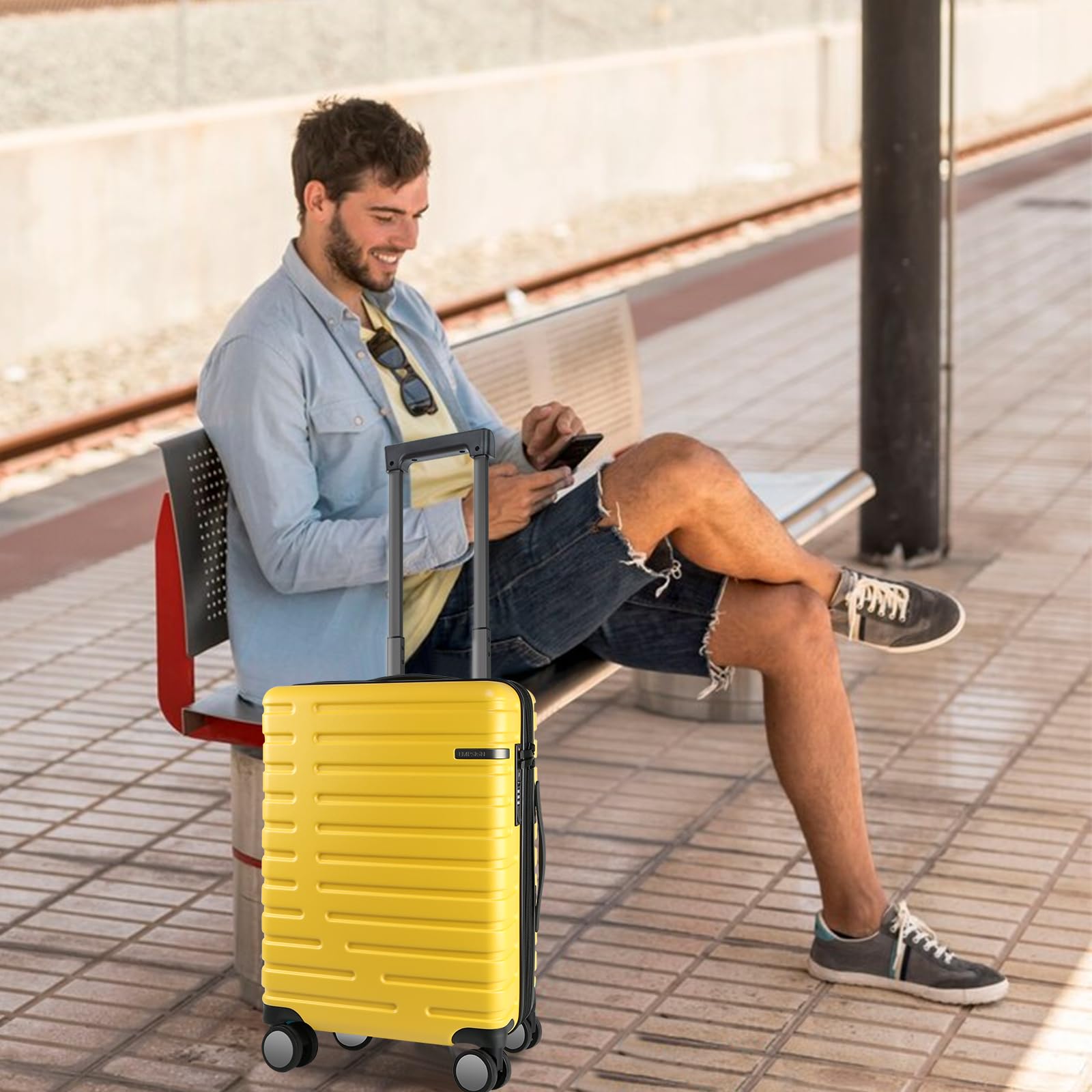EMPSIGN Valigia Cabina 20" Rigida PC Espandibile, Bagaglio a Mano Leggero | giallo, lucchetto tsa, ruote 360° silenziose, apertura superiore, spazio extra 5 cm, resistente, per viaggio e lavoro