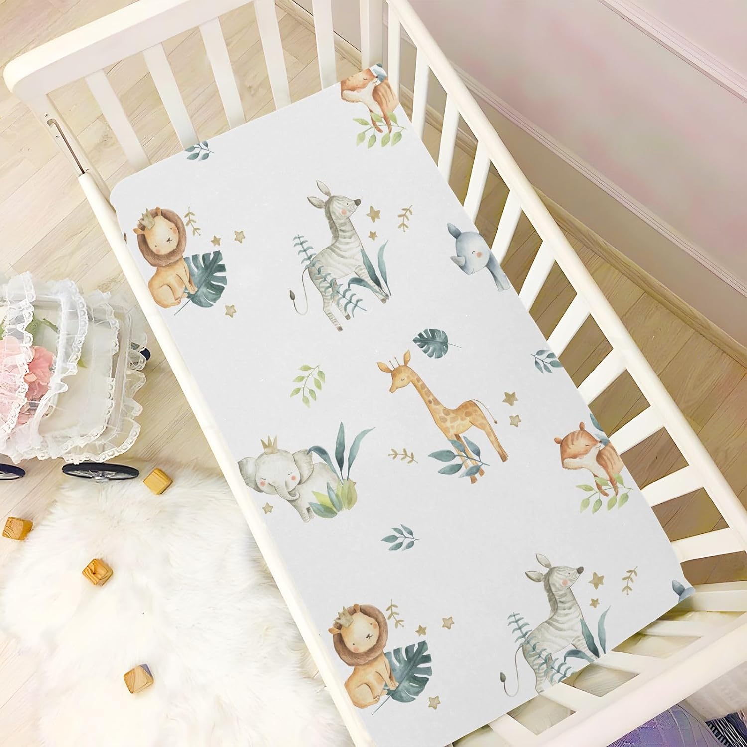 CaTaKu Safari Animals Cute Crib Sheets for Baby Girls Boys,Neutral Mini Crib Mattress Sheets Fitted, Baby Nursery Bed Sheet for Crib Toddler Mattress 27"x 39"