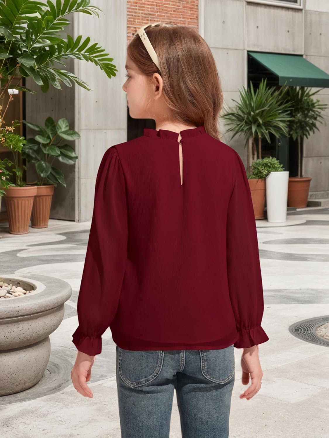 Haloumoning Girls Long Sleeve Shirts Chiffon Blouses Kids Cute Puff Sleeve Ruffle Mock Neck Casual Tops 5-14 Years - Image 4