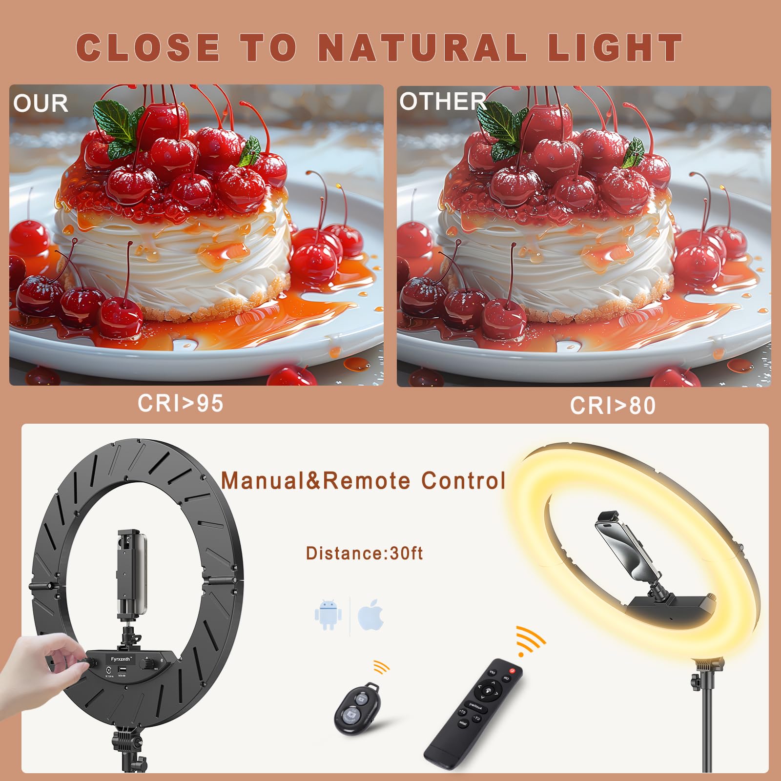Anillo de luz de 18 pulgadas con soporte, luz LED de 55 W 6700 K, trípode de 63 pulgadas, soporte de teléfono ajustable multiángulo, para teléfonos iPhone y Android, CRI95, adecuado para