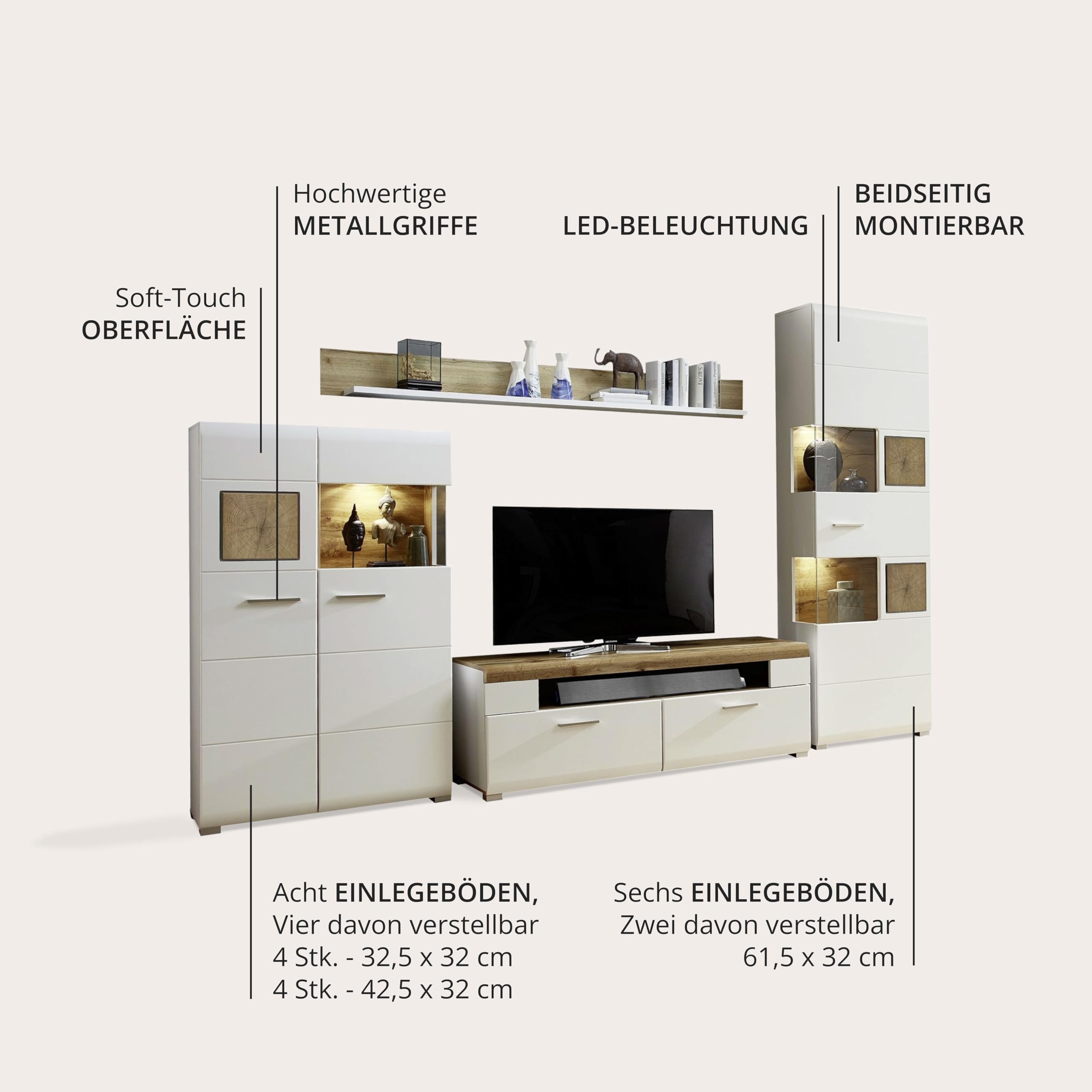 Stella Trading Fun Plus Wohnwand Komplett-Set mit schönen Hirnholz-Applikationen & Eiche Dekor - Moderne Schrankwand für Ihr Wohnzimmer - 325 x 205 x 47 cm (B/H/T)
