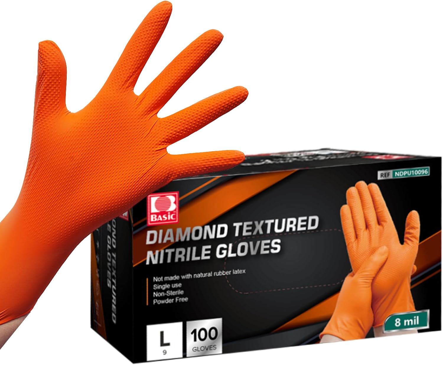 Jointown Basic Heavy Duty Nitrile Gloves, Mechanic Gloves 8 Mil Nitrile Disposable, with Raised Diamond Texture, Case of 100, Orange, Large