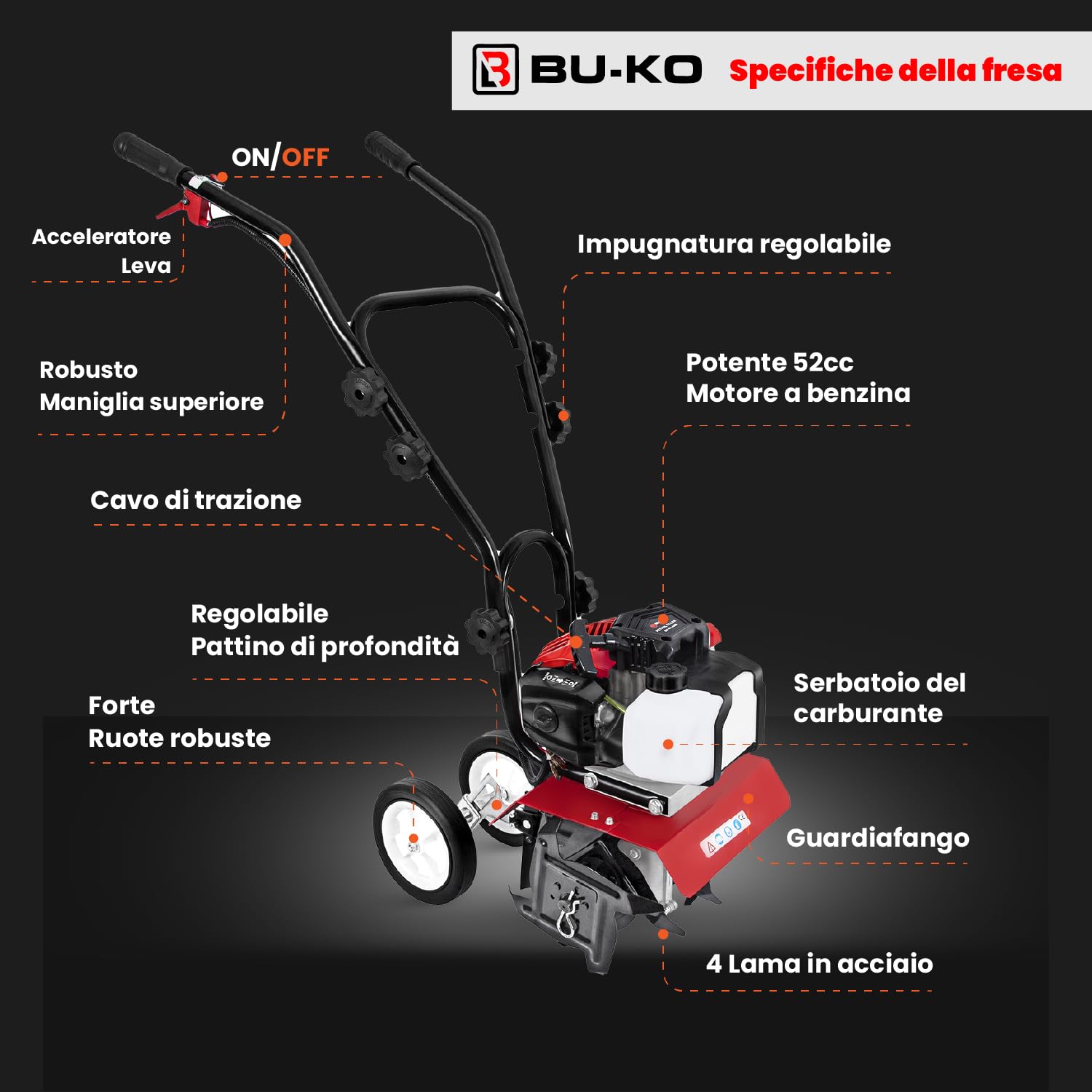 BU-KO 52CC Garden Petrol Tiller Motore 3HP 2 Tempi Prato Terreno Coltivatore Rotovator Motore Leggero Compatto Compatto Impugnatura sicura Impugnatura costruita per durare Affidabile e Resistente