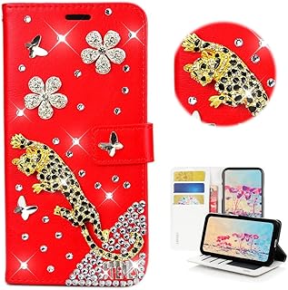 STENES Bling Wallet Phone Case Compatible with Moto G Play (2023) - Stylish - 3D Handmade Girls Women Leopard Butterfly Floral Flowers Magnetic Wallet Stand Leather Cover Case - Red