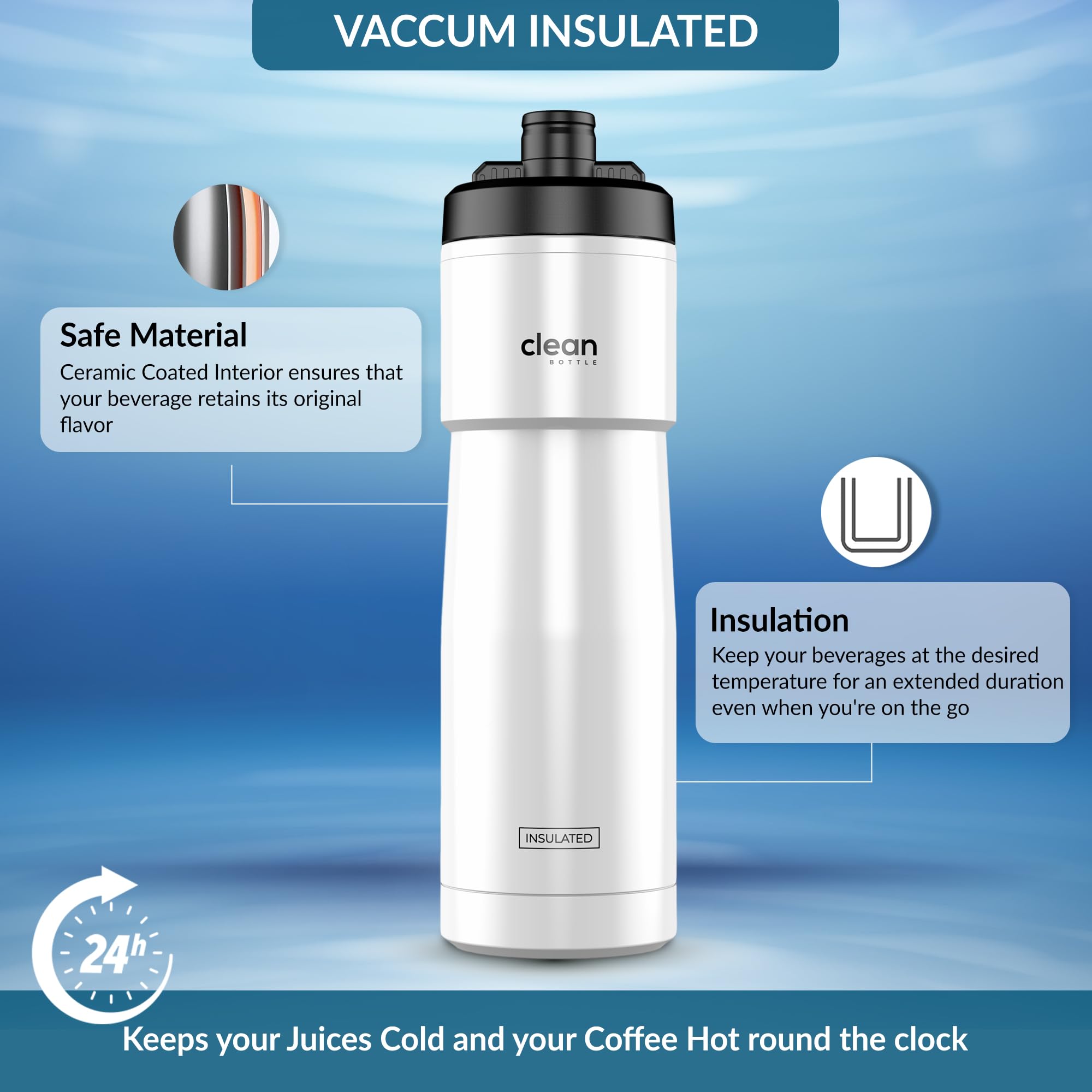 Clean Bottle Sport 23 Cycling Insulated Water Bottle, Easy Clean Nozzle, Silver Ion Infused Exterior, 23 oz, Matte Silver/White - Image 2