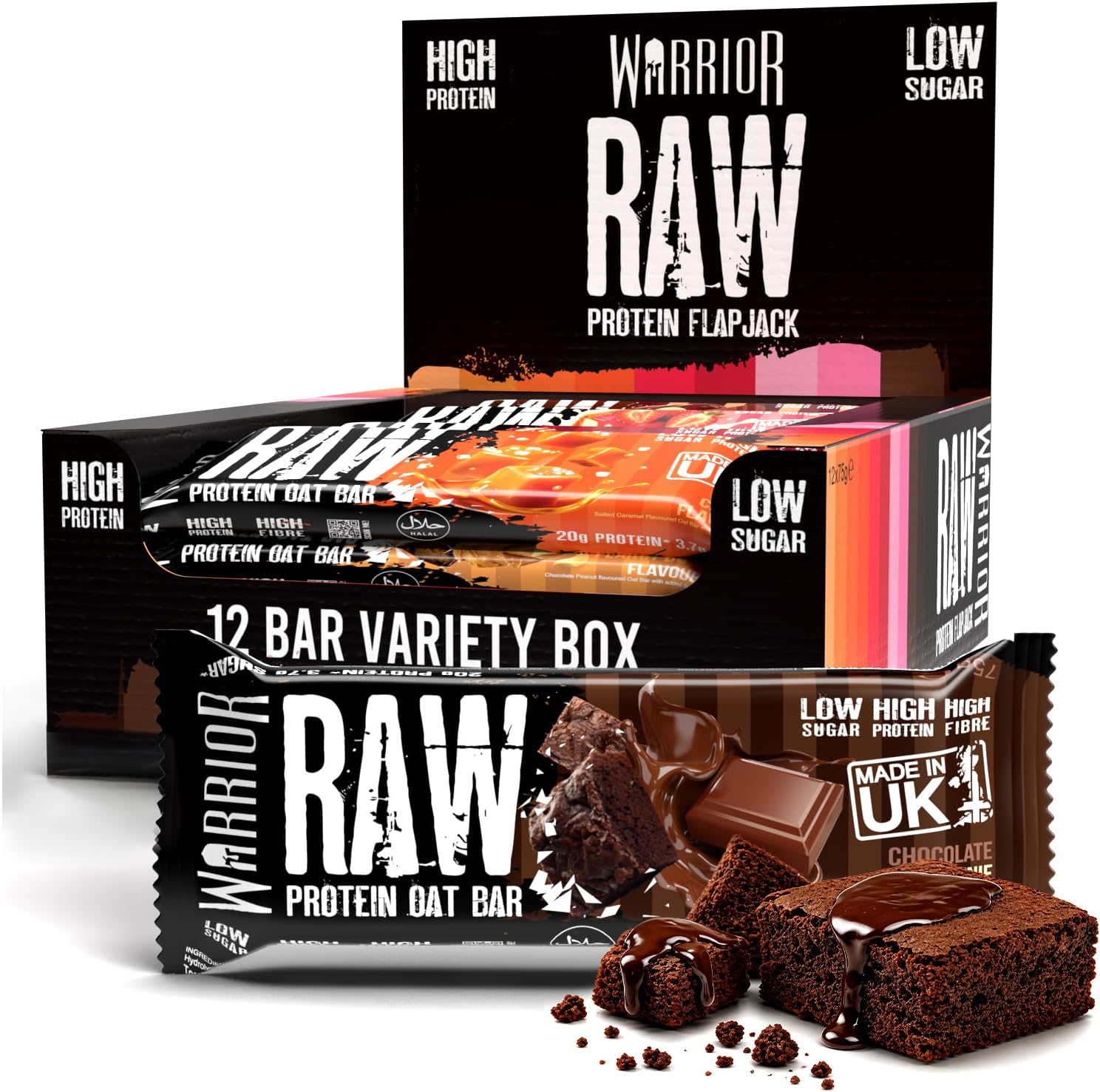RAW Protein Bars 12 x 75g – 20g High Protein Bar, Low Sugar High Fibre Oat Protein Flapjack – Protein Snacks, Meal Replacement Bars (Variety Pack)