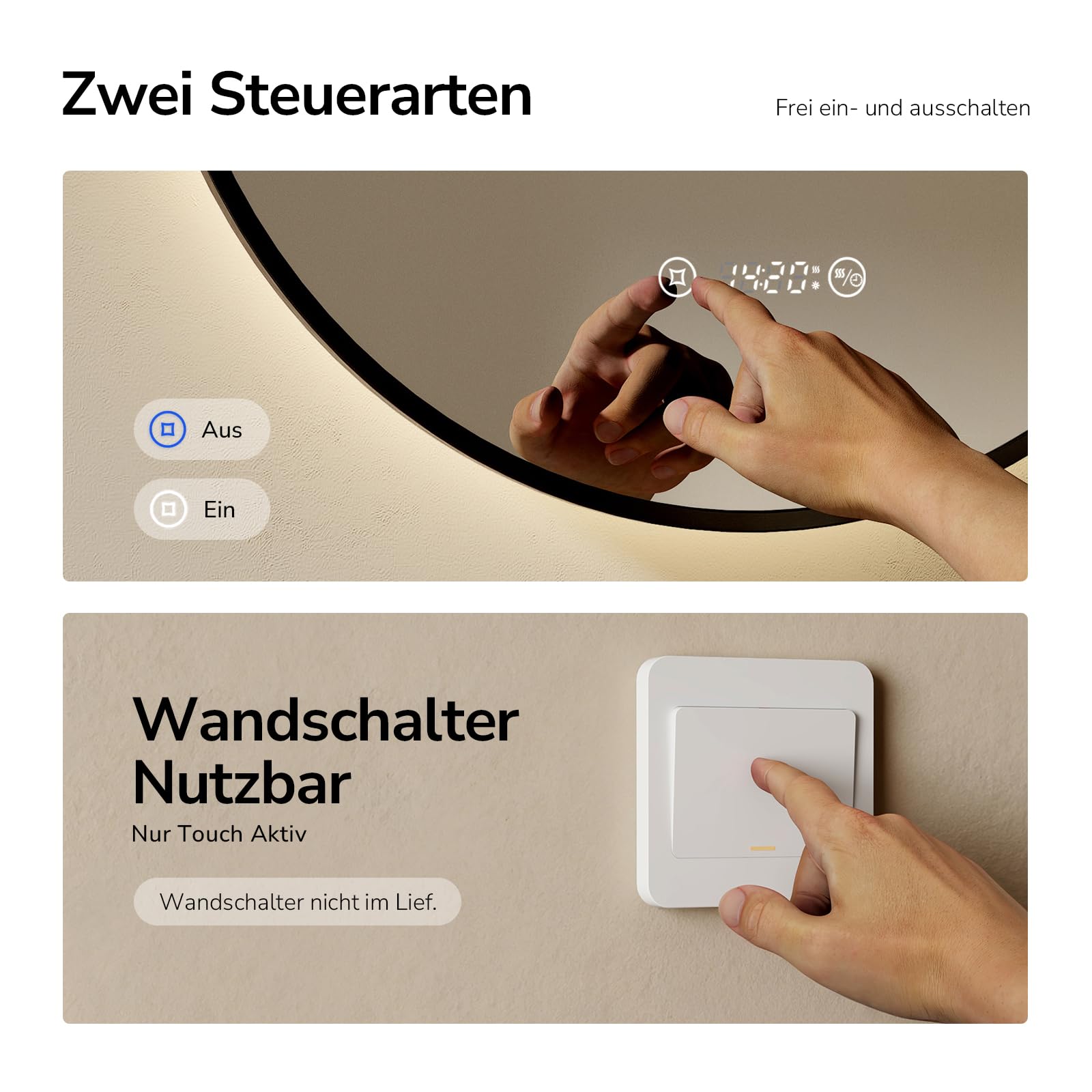 EMKE Badspiegel mit Beleuchtung Rund 70 cm, Anti-Beschlag, 3 Lichtfarben & Dimmfunktion, Uhr, Touch & Memory-Funktion, LED Badezimmerspiegel mit schwarzem Rahmen