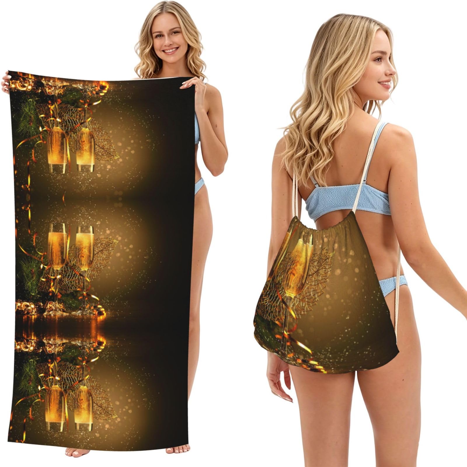 ESNAIUVCD Champagne Colorful Ribbon Print Beach Towel For Adults,Towel With Drawstring Bag, Travel Pool Swimming Sports Shower Sand Free Quick Dry Bath Towel For Pool, Beach, Yoga- 180x60cm