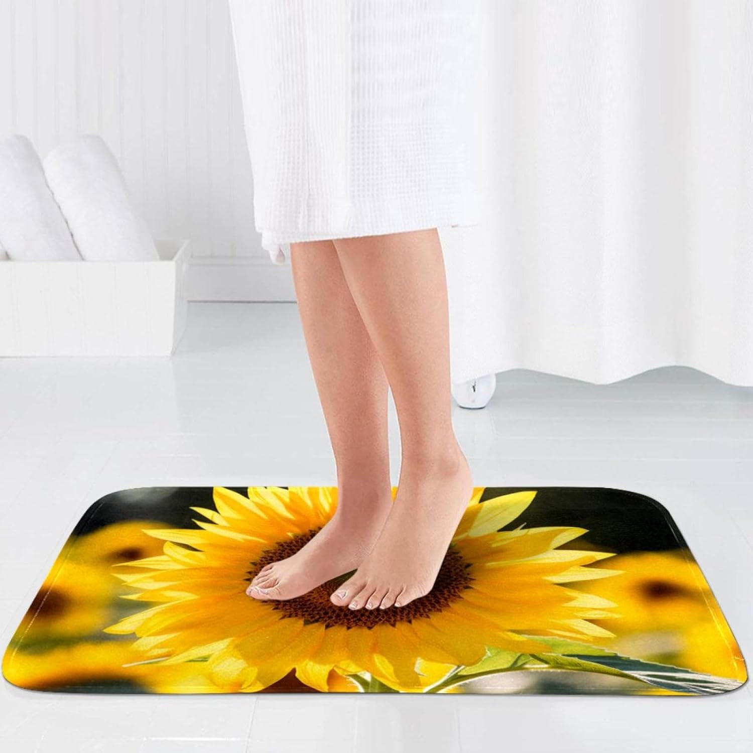 シャワーカーテンセット、ラグ付きバスルームシャワーカーテンセット,花畑ひまわり,シャワーカーテン