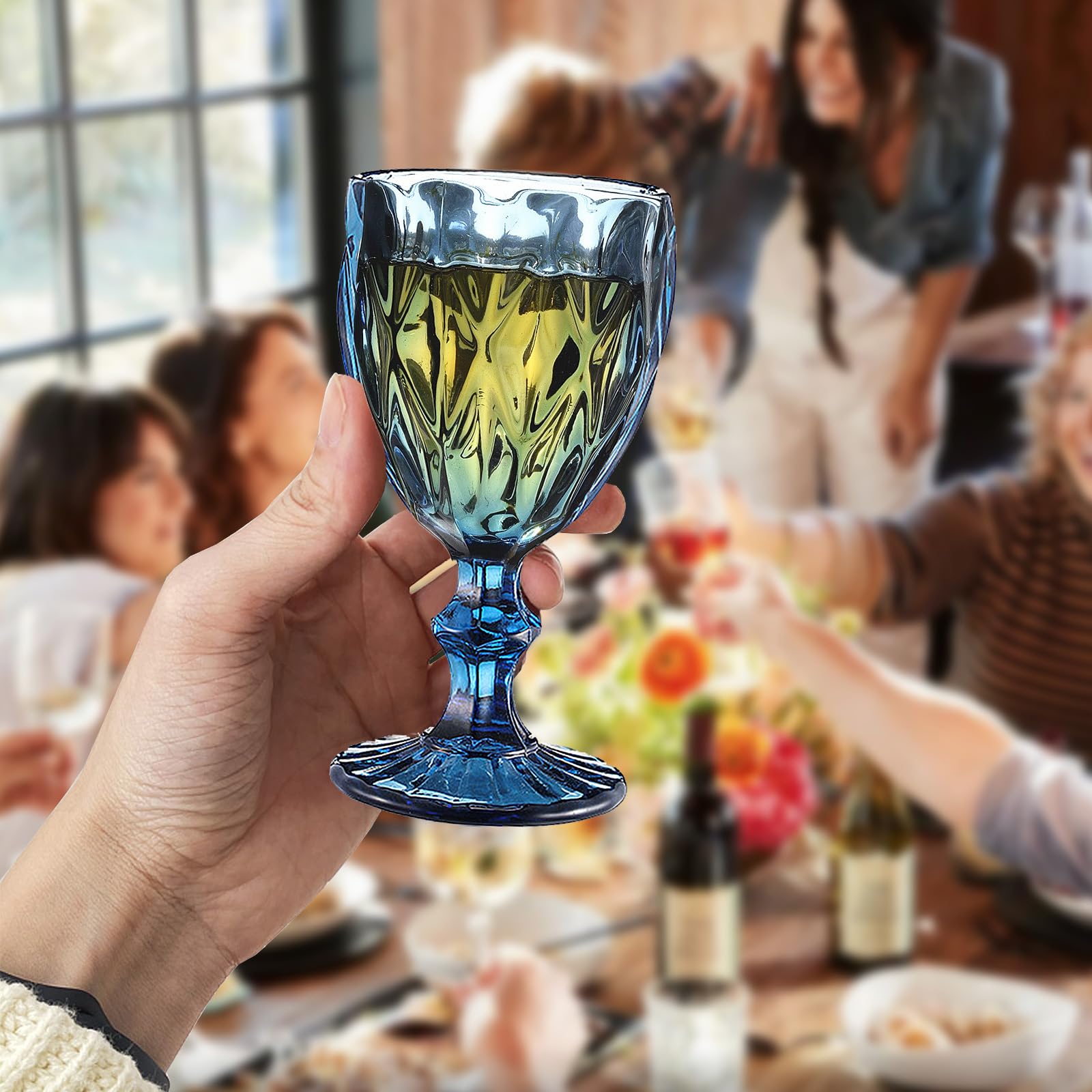 Lot de 6 verres à vin rouge vintage de 300 ml - Verres à vin en cristal - Pour mariage, cocktail, maison, restaurant, fête, Noël - Bleu clair