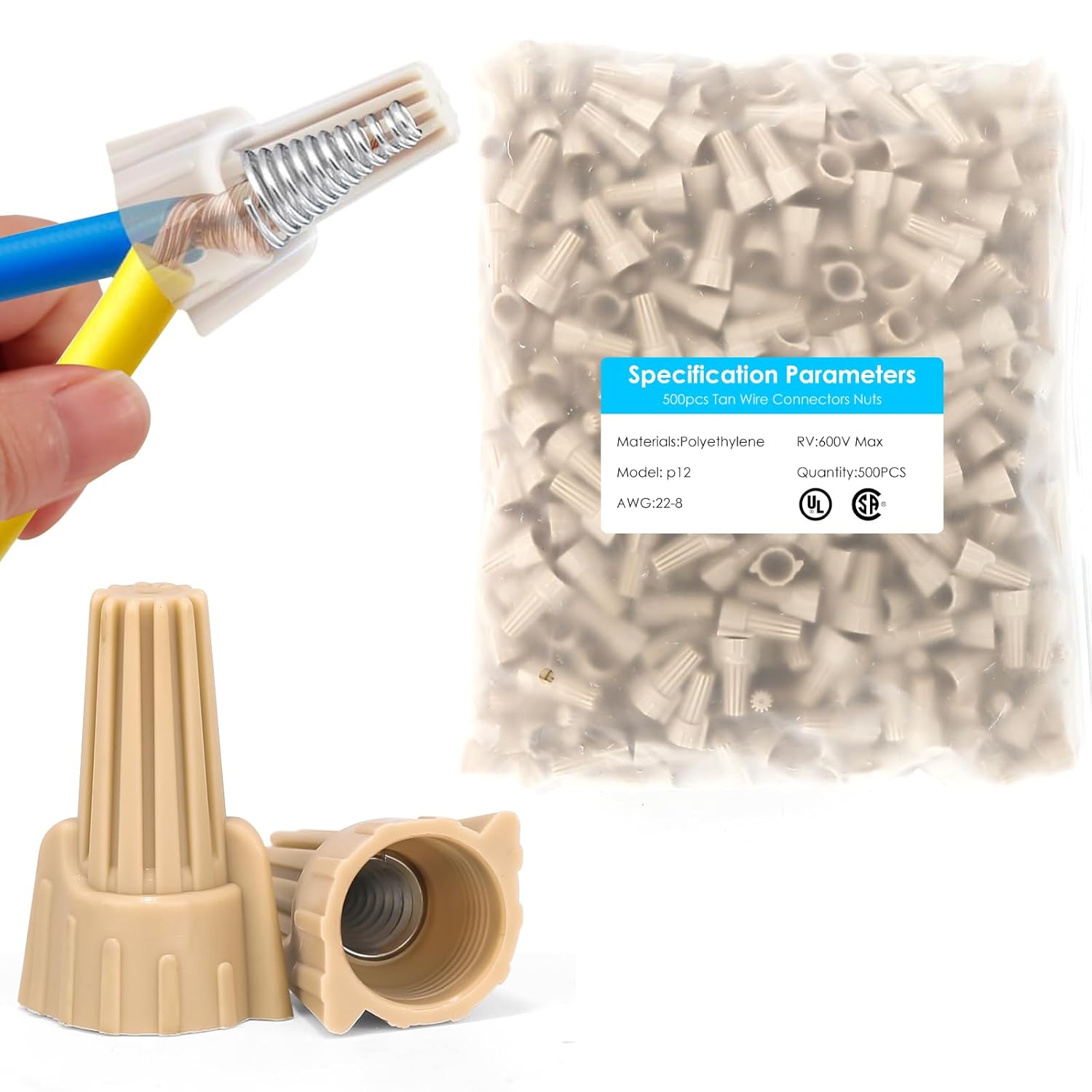 500 PCS Tan Winged Wire Nuts 12 Gauge for AWG 22-8, Easy Twist-on Screw on Ribbed Cap for Quick Connection, Insulated Insertion Electrical Wire Nuts with Metal Spring(500, P12 Tan)