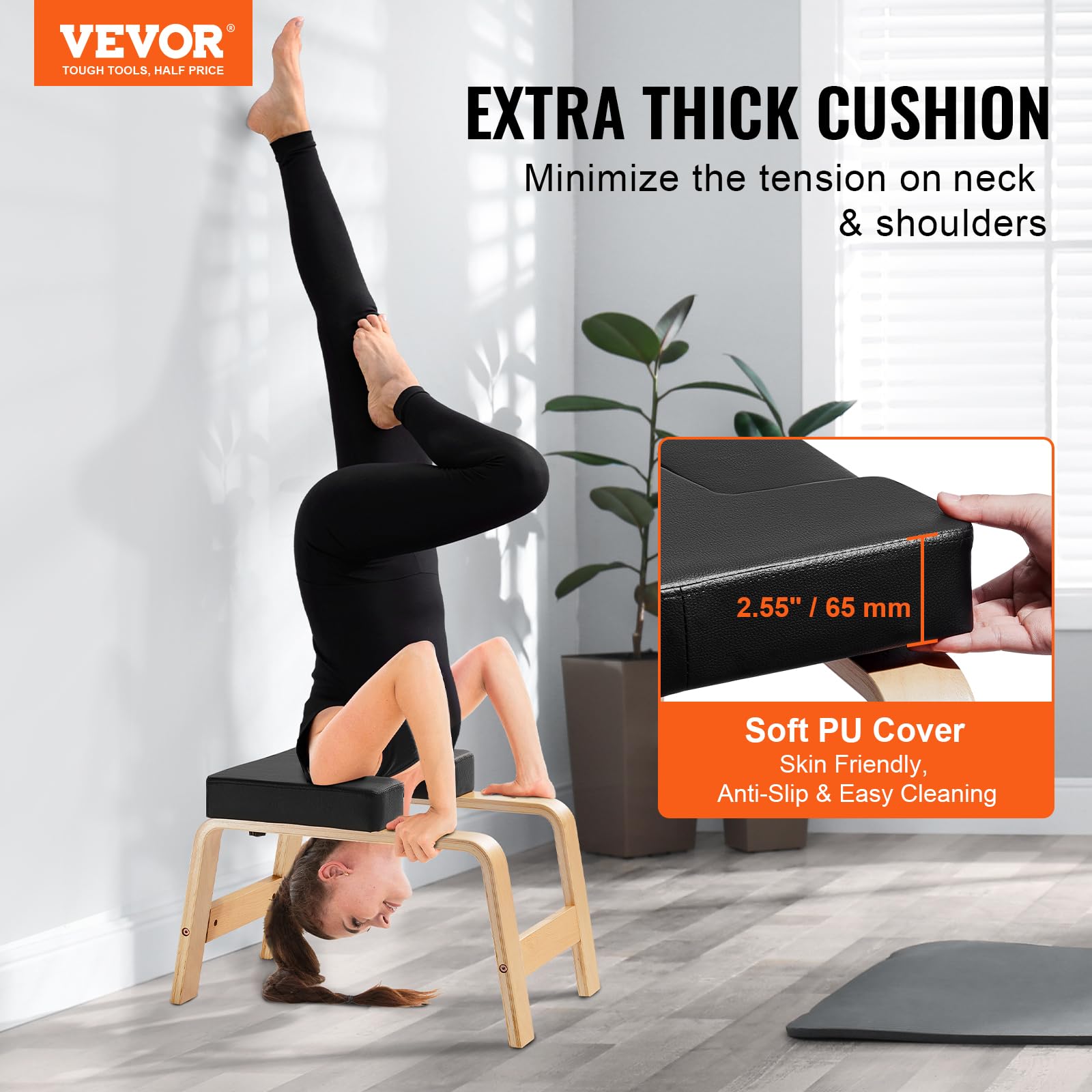 VEVOR Panca per Verticale Yoga Capacità di 136 kg Sedia da Yoga per Inversione per Palestra di Famiglia, Struttura in Legno, Cuscinetto in PU, per Allenamento di Forza Equilibrio, Allevia Fatica, Nero