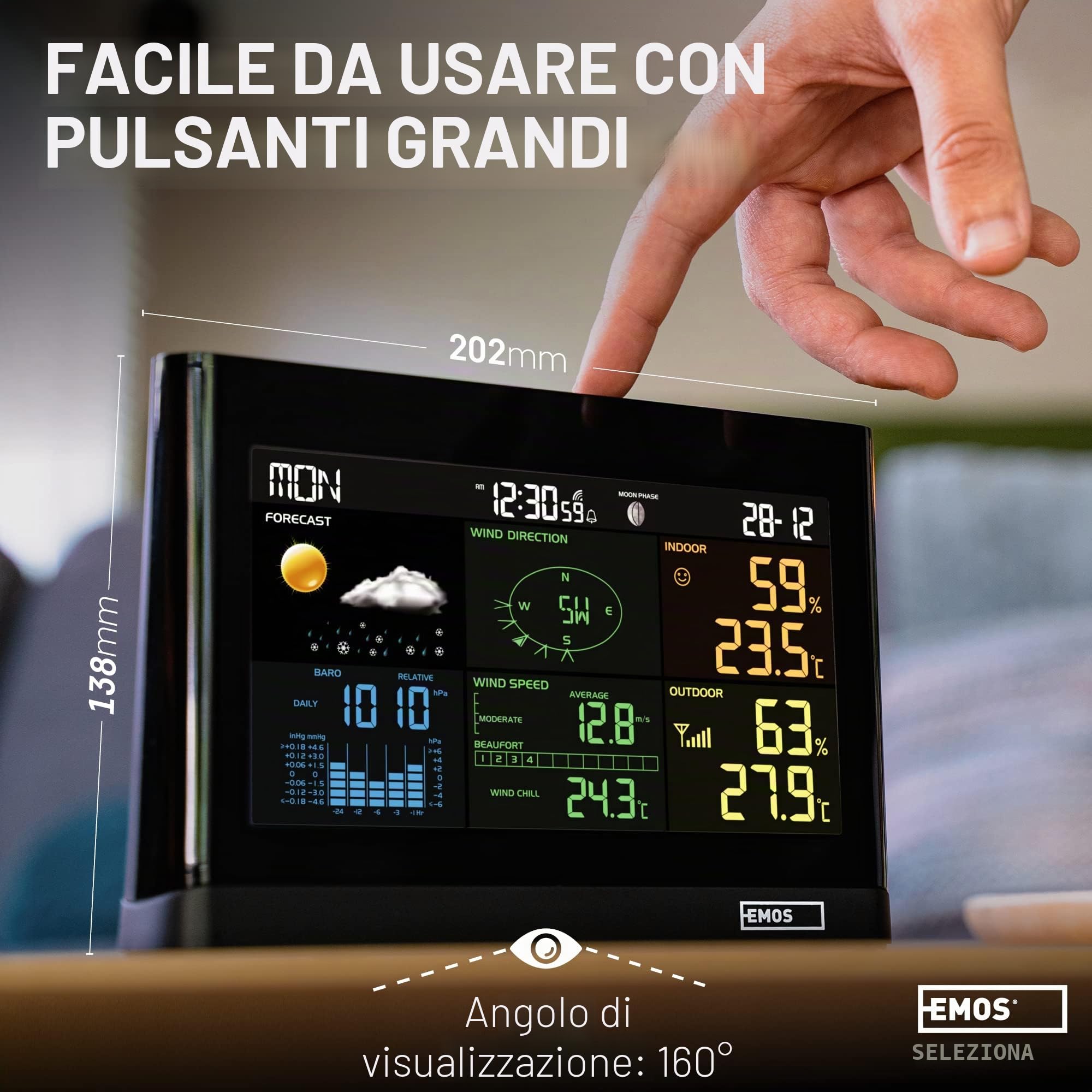 EMOS Stazione Meteo con anemometro e pluviometro - Sistema di Monitoraggio Wireless da Interni e Esterni e Display a Colori