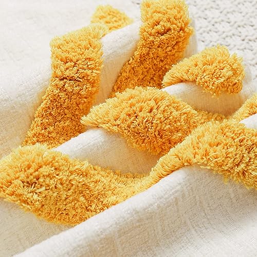 Miniatura 4 de PLWORLD Funda de cojín lumbar de color amarillo bohemio de 12 x 20 pulgadas con borlas, tela de felpilla geométrica copetuda color crema, funda de