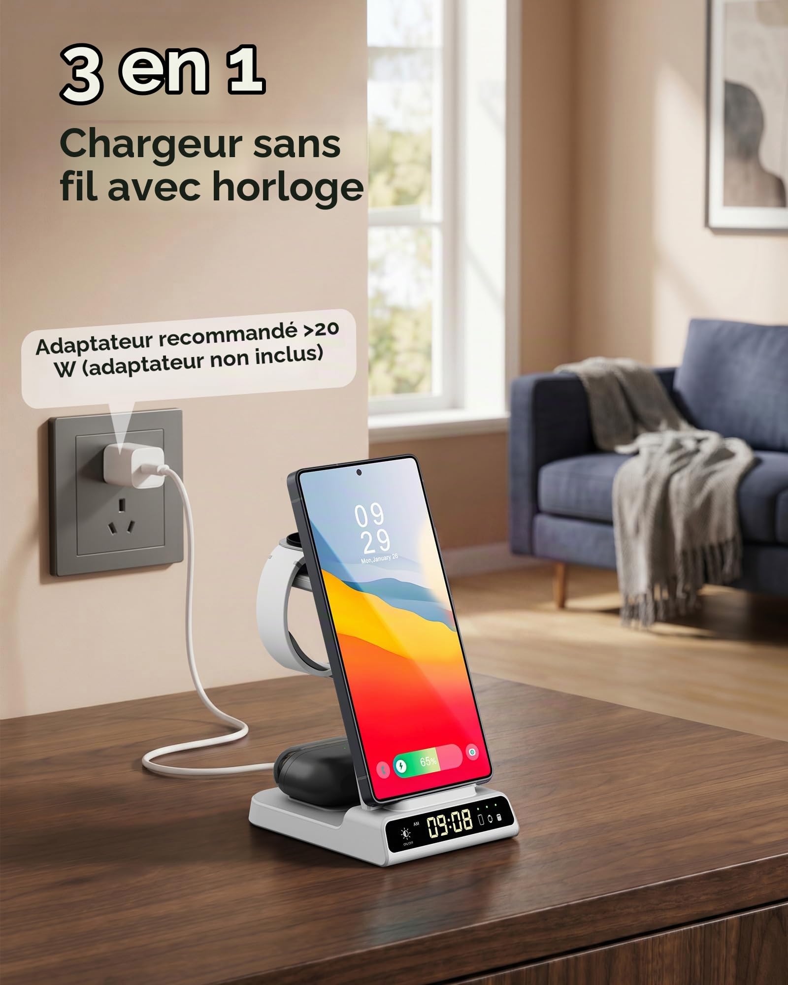 Chargeur Induction pour Samsung S26 Ultra/S26+/S26/S25/S24/S23/Z Flip7, Station de Charge sans Fil 3 en 1 pour Galaxy Watch 8/8 Classic/Ultra/7/6/5 Pro, Galaxy Buds4 Pro/4/3 (sans Adaptateur)
