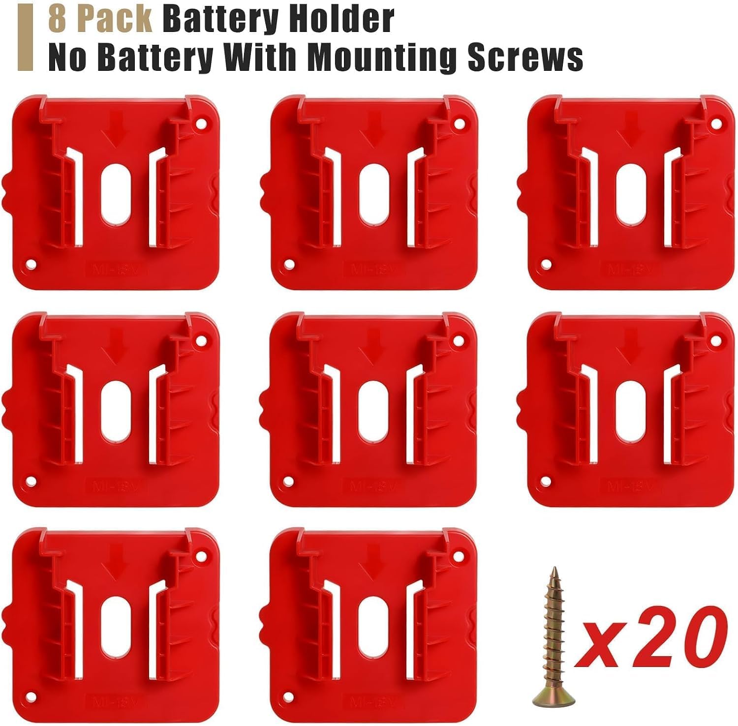 Lot de 8 Supports Batterie pour Milwaukee M18 18V, Porte-Batterie Mural | Compatible avec batteries Milwaukee M18 48-11-1815/1828/1850/1860, idéal pour murs, établis et coffres à outils