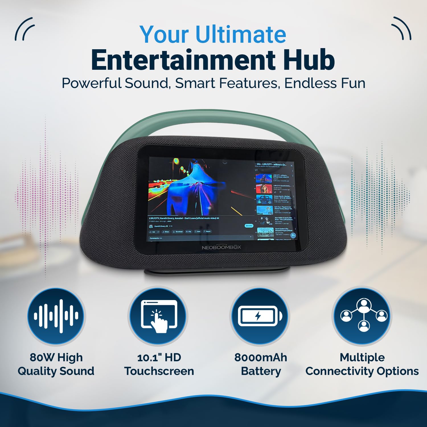 Solaris Smart Boombox Lautsprecher mit 10,1 Zoll HD Touchscreen, 80W Sound, Bluetooth 5.3, Android 13, HDMI & Gitarreneingang, Tragbarer Lautsprecher mit Mikrofon-Unterstützung, 8000mAh Akku für Innen