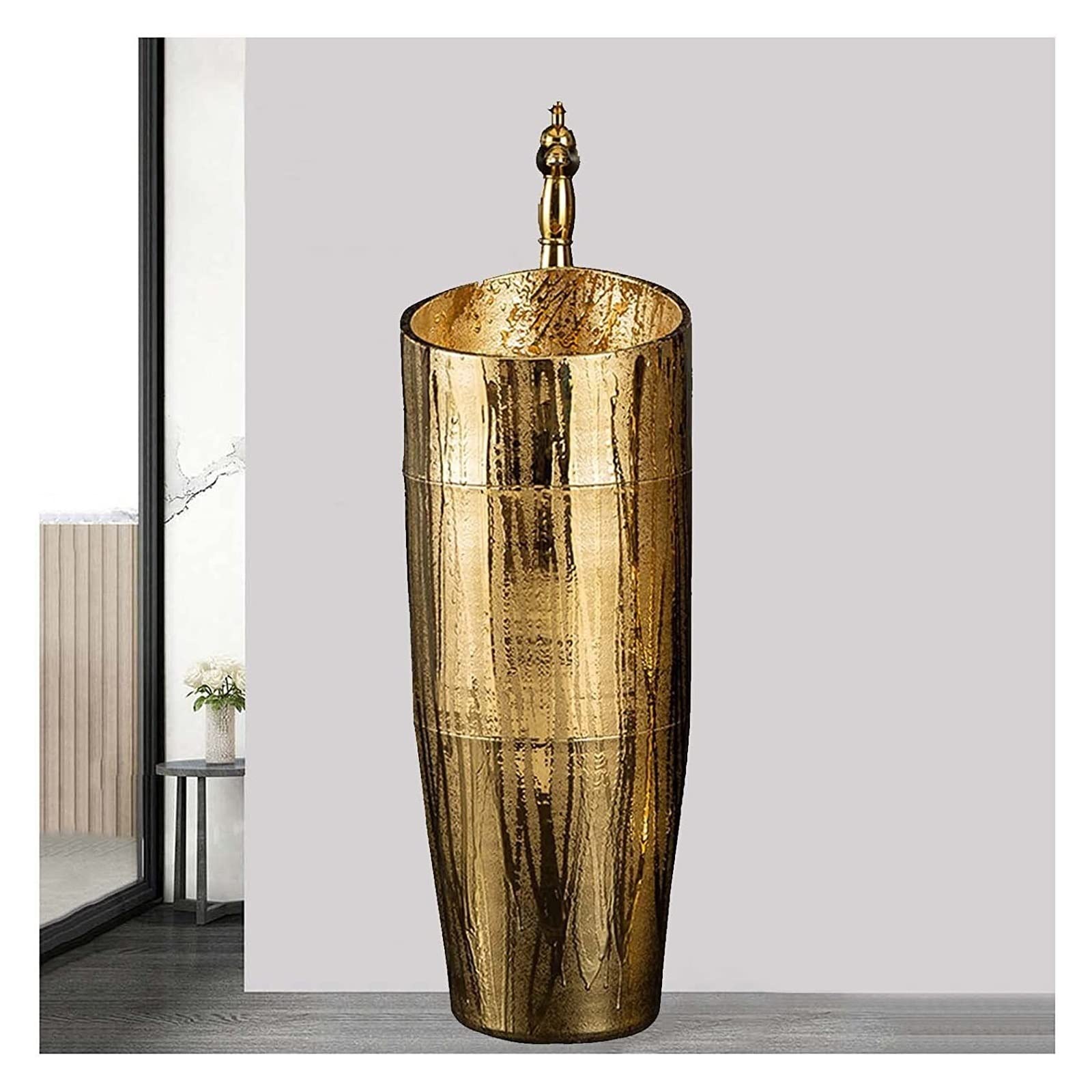 OLSKFUH Freestanding Pedestal Sink Floor Standing Art Sink Vintage Retro Gold Kaolin Clay Pedestal Sink Freestanding Bathroom Sink With Drain & Faucet, One-Piece Floor-Standing C,