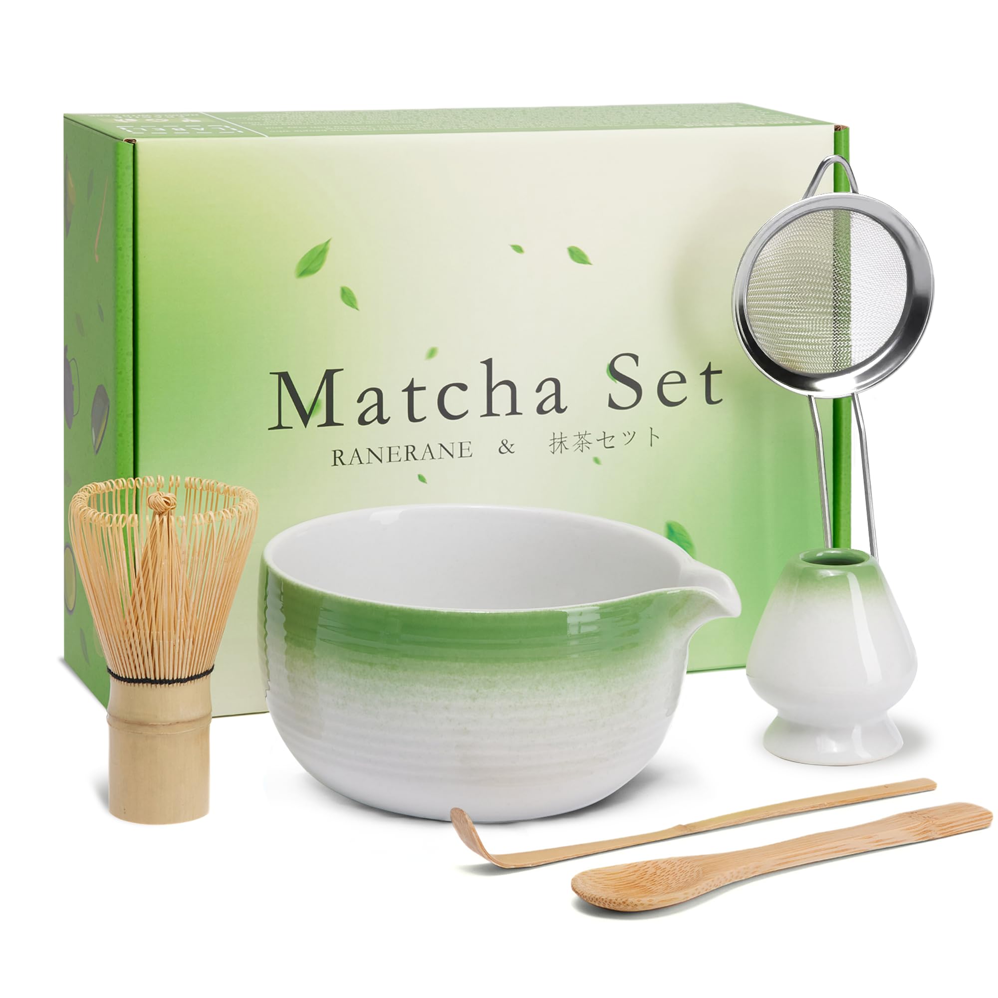 Juego de cuenco de matcha con boquilla, batidor de matcha y soporte para batidor de matcha, cuchara y cuchara de bambú hechas a mano con tamiz de matcha para hacer matcha, verde