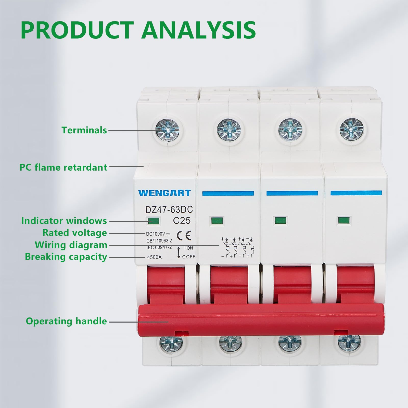 Wengart Interruttore Magnetotermico DC 4 Poli, 1000V 25A, Sezionatore Fotovoltaico per Alta Tensione, Protezione Stringa Solare e Batterie, Interruttore Automatico Professionale per Impianti Off-Grid