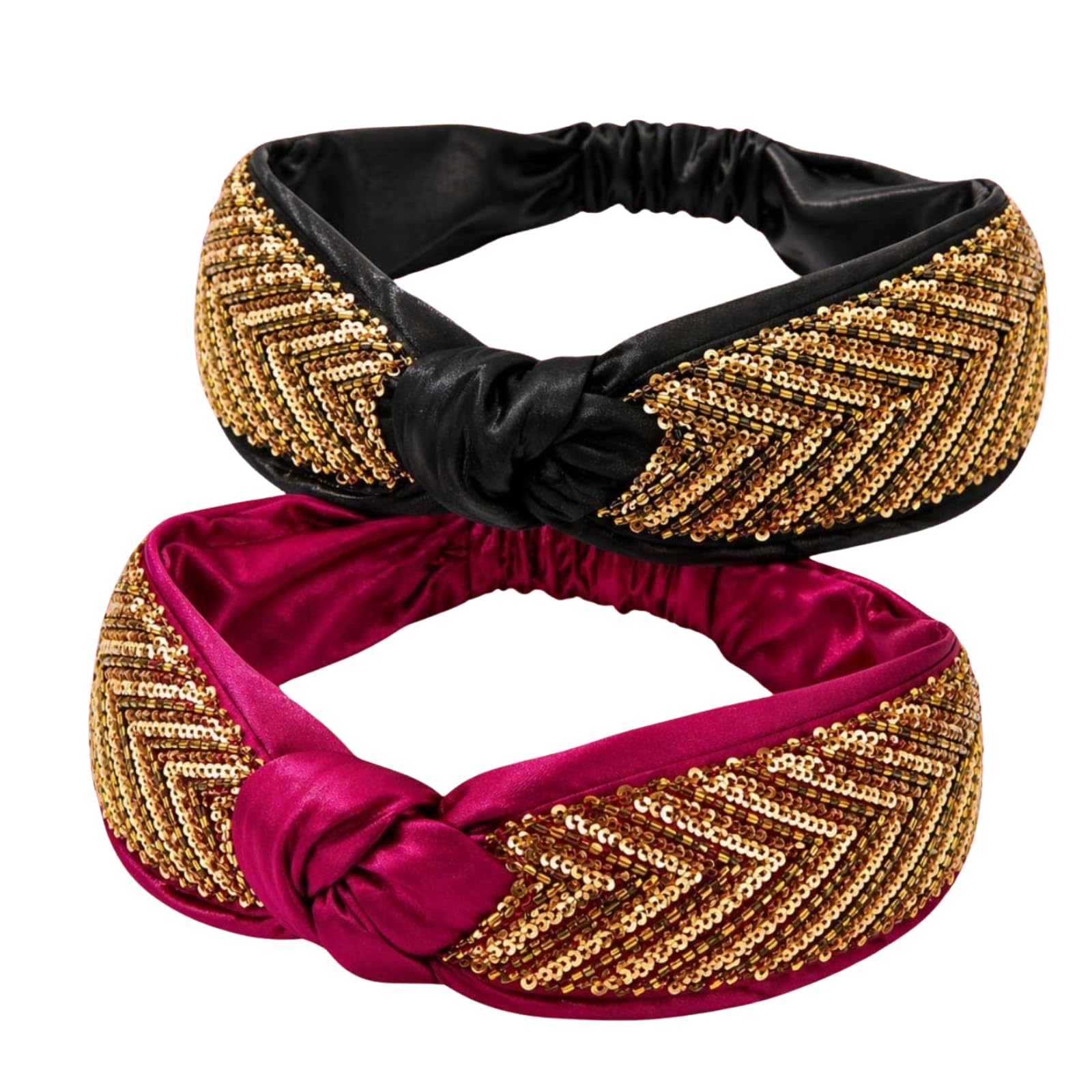 beedoo Luxury Sequins Knot Headband Set for Women & Girls – Pack of 2 Premium Satin Turban Hair Bands with Golden Embroidery, Padded Designer Hair Accessories for Weddings, Parties-picture-10