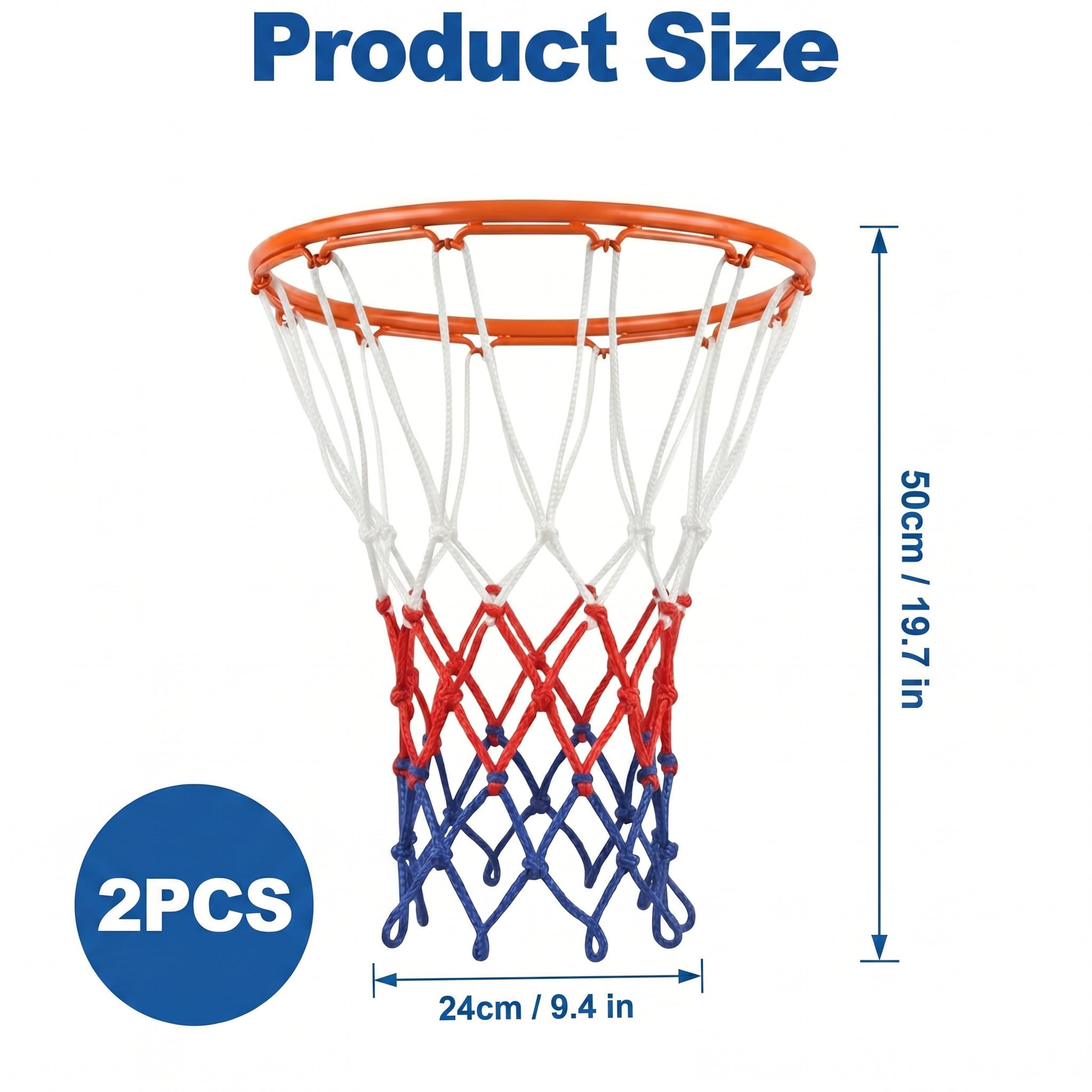 2 Stück Basketballnetz,Basketball Netz für Basketballkorb Ersatz,12 Schlaufen 3 Farbig Nylon Basketballnetz zum Standard Größe Die Innen und Outdoor Basketball Korb Zubehör