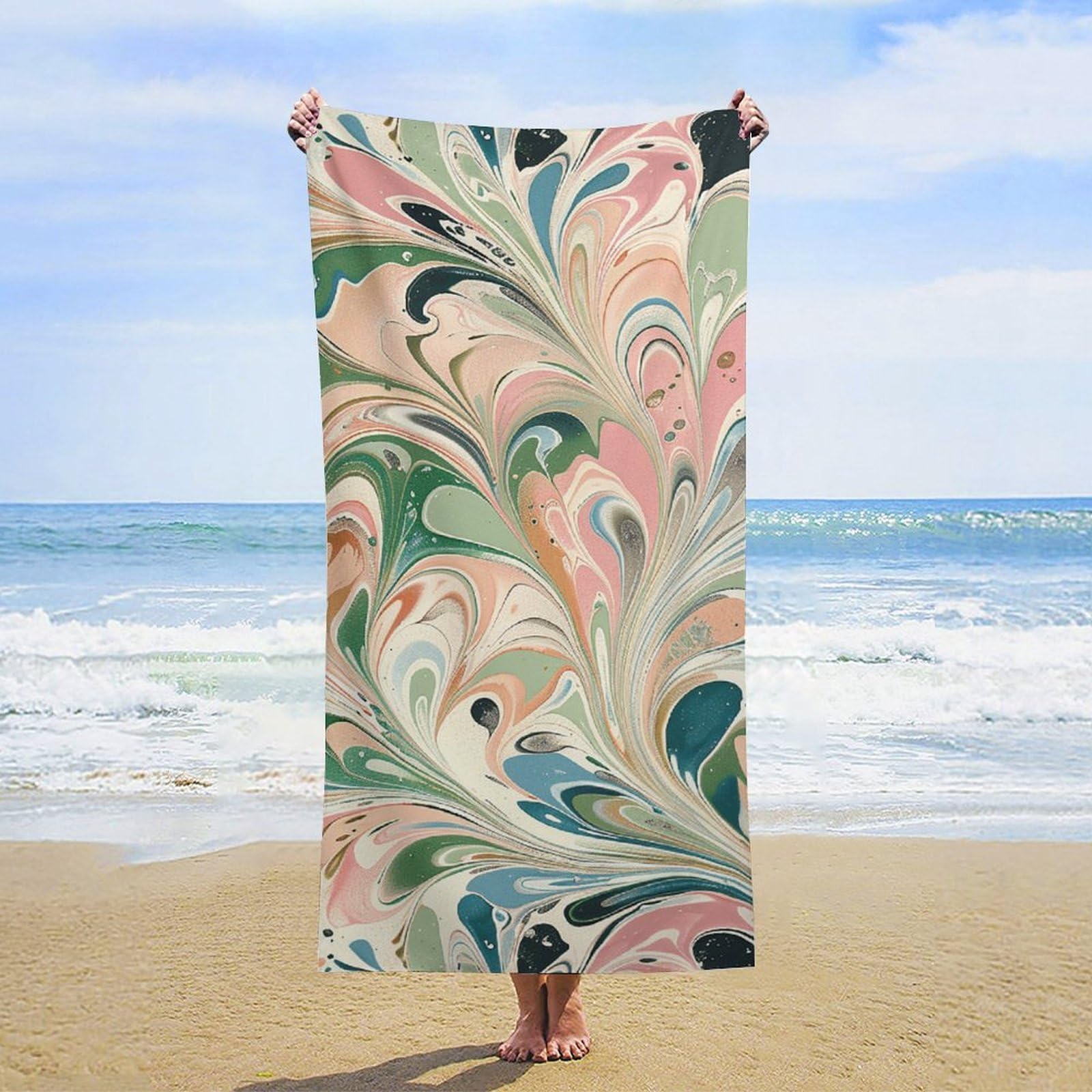 NTVOWPZO Peach and White Swirls Beach Towel Oversized Microfiber Bath Towels Lightweight Sand Proof Beach Towels Absorbent Pool Towels for Swimming Yoga Bathroom Towel 31.5" X 63"