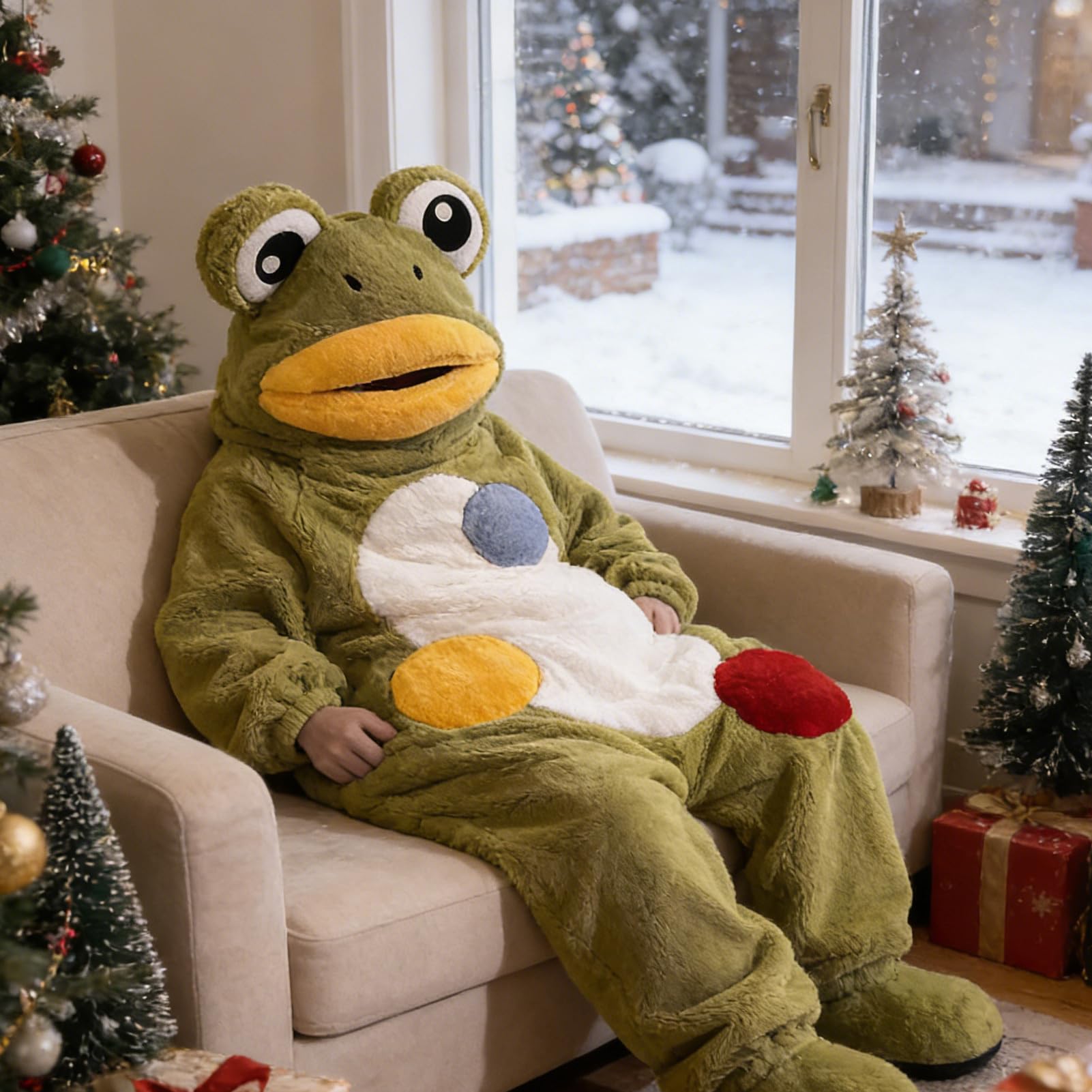 Animal Onesie - Abbigliamento da relax con cappuccio in velluto corallo, costume da pigiama in peluche rana, comodo da notte per adulti, per uomini, donne, coppie, ideale per le attività
