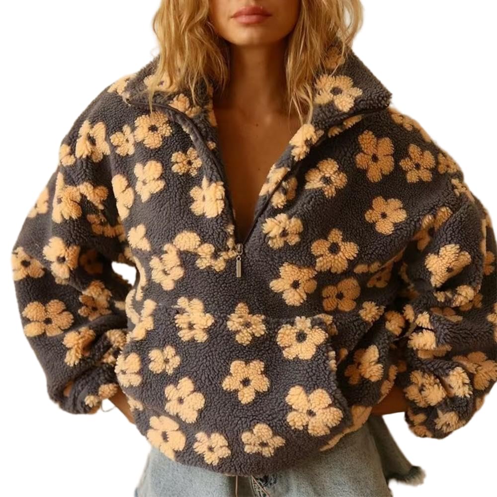 JCVBN jesienno-zimowa damska bluza z kapturem Sherpa kwiatowy sweter z kapturem do połowy zamek luźny krój ciepła stylowa bluza