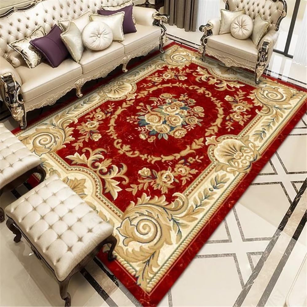 Tapis de lit chambre rouge fleuri géométrique lavable en machine 160x200cm