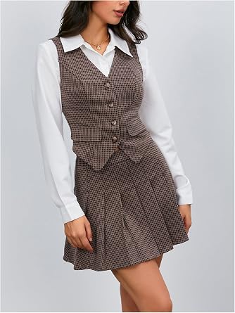 Milumia Women's Plaid Skirt Sets 2 Piece Outfits Vest Top and Pleated Suit