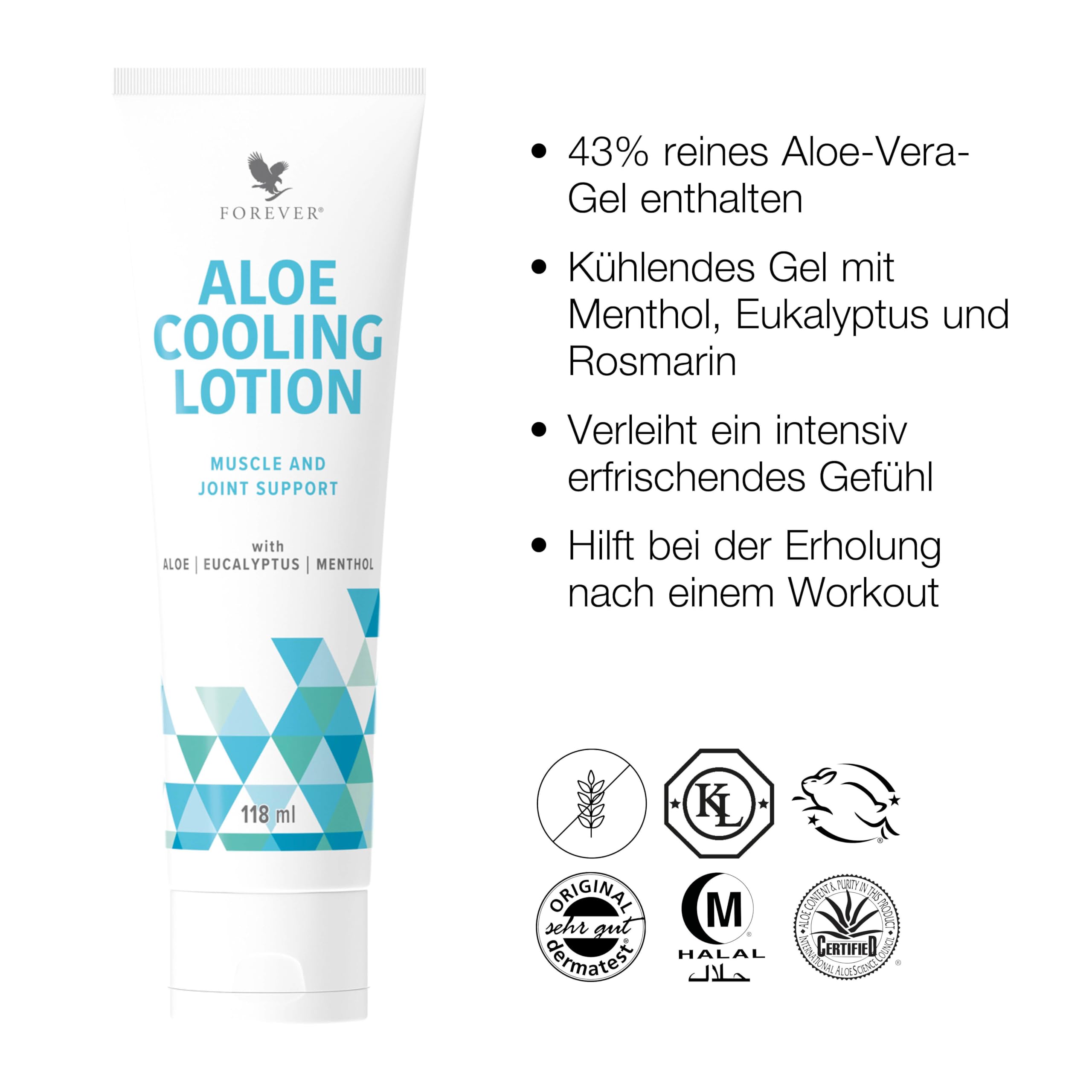 Forever Aloe Cooling Lotion  43 % Aloe Vera, Menthol, Eukalyptus & MSM,  khlende Pflege nach Sport, Muskelkater & Gelenkbelastung, zieht schnell  ein, 118 ml : Amazon.de: Drogerie & Krperpflege