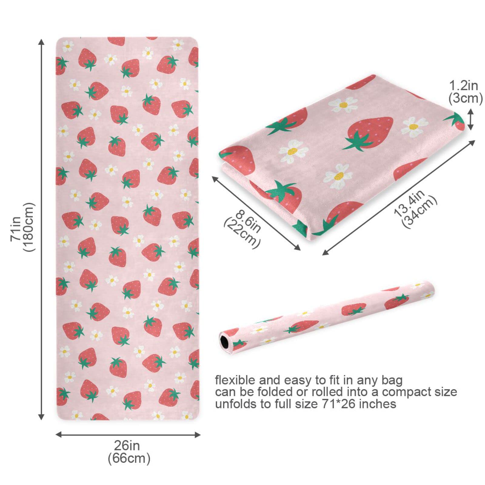 Caikeny Strawberry Yoga Mat Pink Eco Friendly Non Slip Fitness Exercise Mat Foldable Carrying -Workout Mat for Yoga Pilates Floor Exercises 70.8x26inc