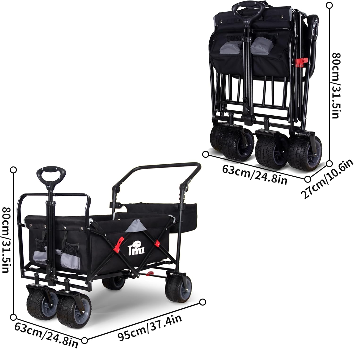 TMZ All Terrain Utility Folding Wagon, Collapsible Garden Cart, Heavy Duty Beach Wagon, for Shopping, Camping, and Outdoor Activities with Push Handle and Brake (Black/Grey)