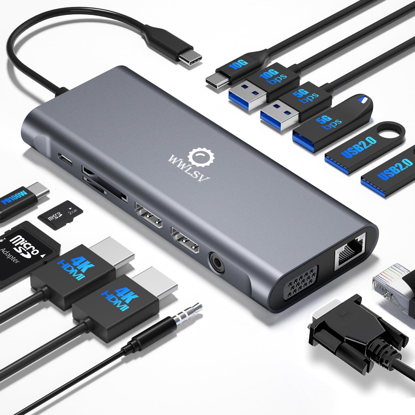 Stacja dokująca 3 monitory do laptopa HP/Dell / Lenovo / MacBook, potrójny wyświetlacz z podwójnym HDMI 4K, VGA, koncentrator USB C 14 w 1, stacja dokująca z USB 10 Gb/s, PD, Ethernet, SD/TF, audio