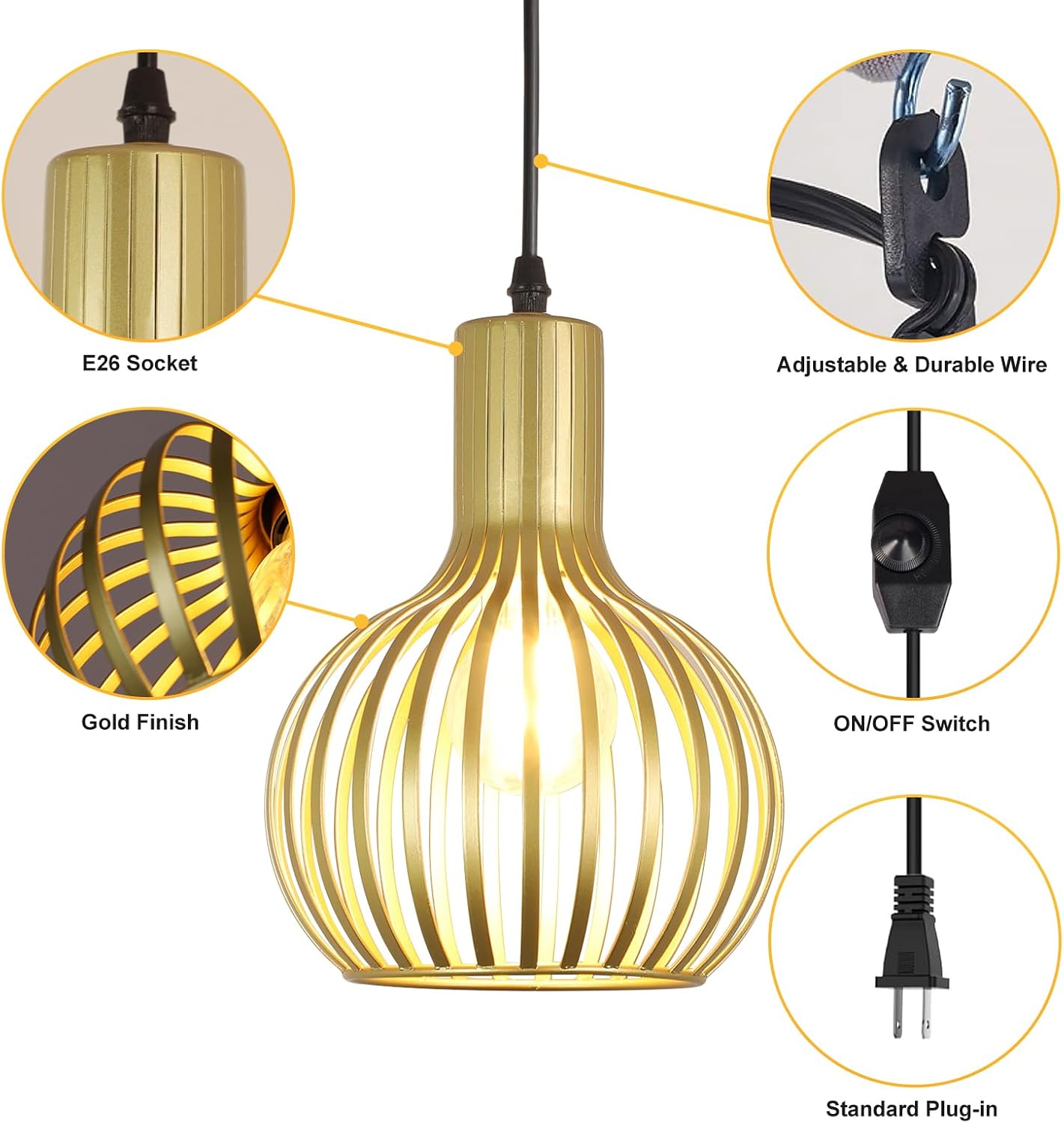 DLLT Plug in Pendant Light Fixtures, Adjustable Gold Pendant Lighting Over Sink, Farmhouse Metal Pendant Lights Kitchen Island, Vintage Brass Hanging Light for Living Room, Dining Room, Bedroom, E26
