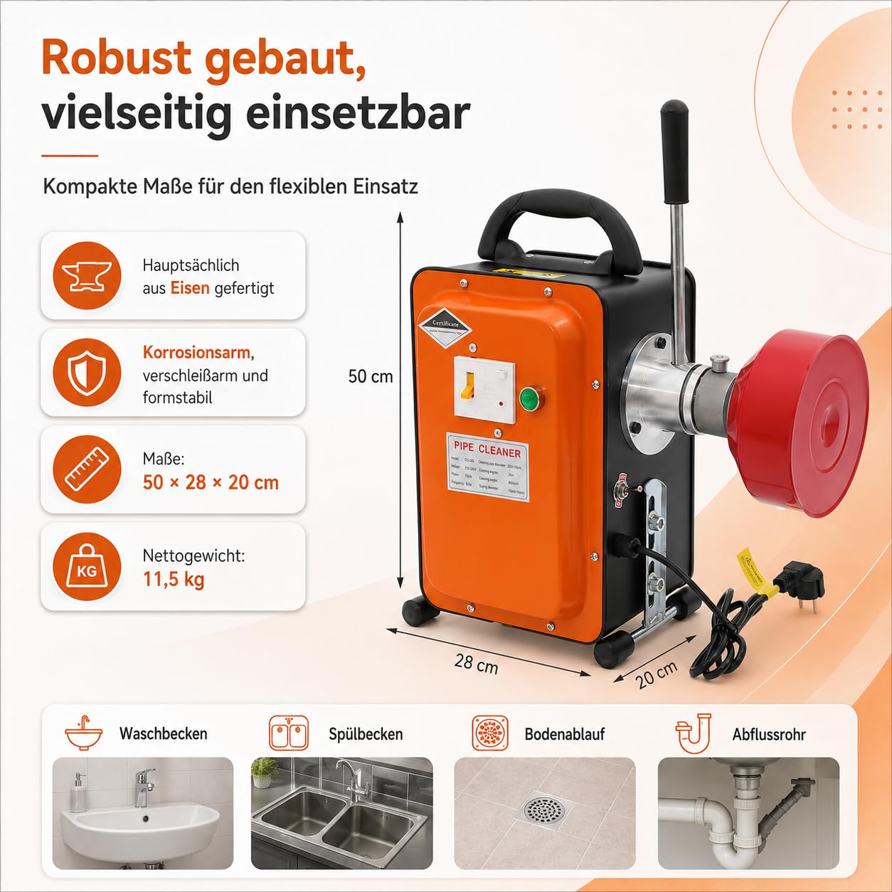 Máquina de limpieza eléctrica de tuberías de 20 m en espiral, limpieza de canales, 750 W, dispositivo de limpieza de tuberías eléctrico con rodillo, espiral de limpieza de tuberías para baño y cocina