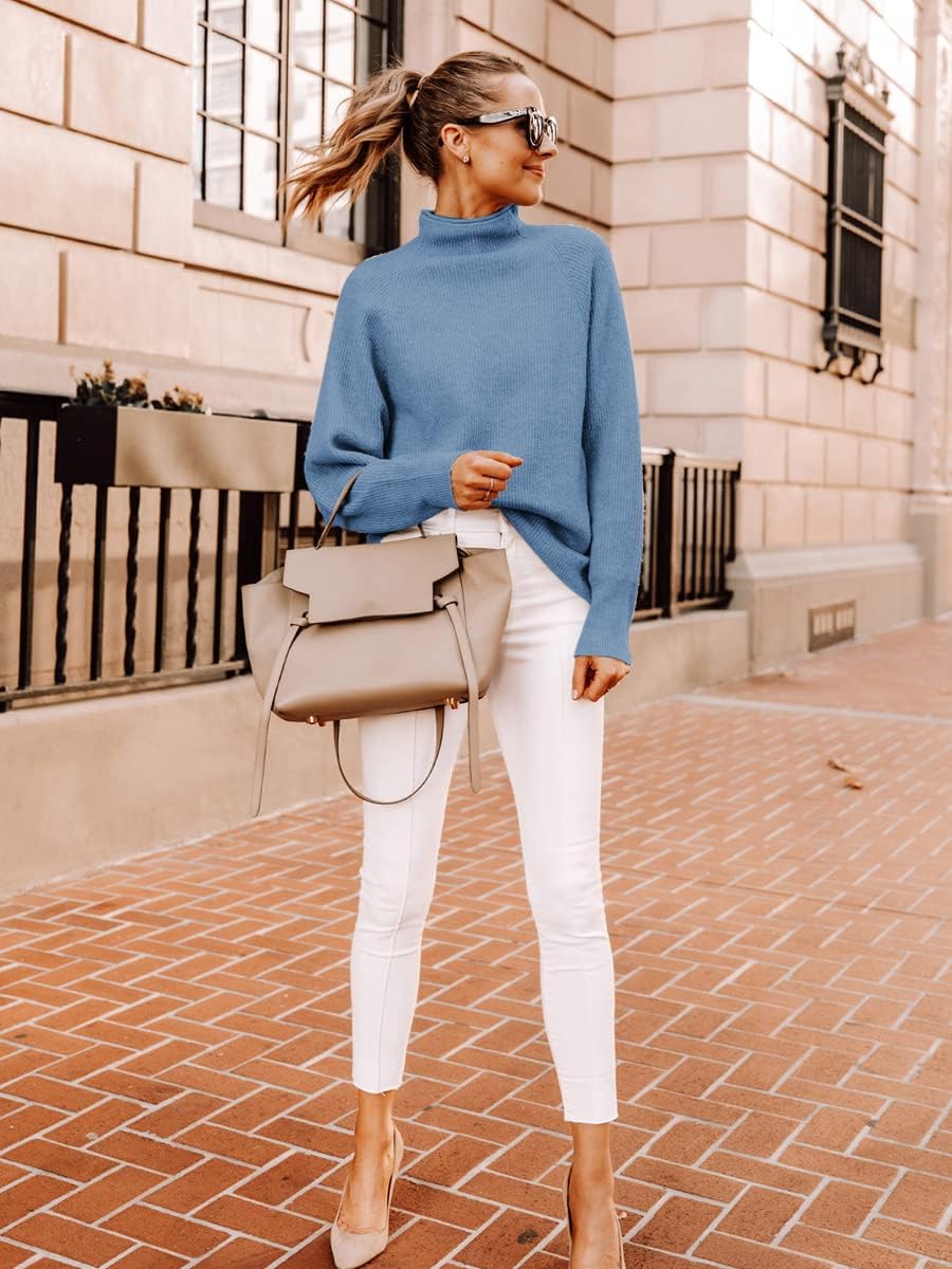 Yousify Womens Ribbed Mock Neck Batwing Sleeve Sweater Loose Knitted Pullover Sweaters Jumper Tops - Image 3