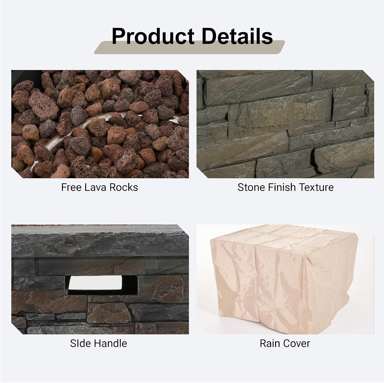 Outdoor Propane Fire Pit Table, 33 Inch Square MGO Concrete Fire Pit with Lava Rocks, Smokless Fire Table for Outside Patio, Garden, Backyard, 40,000 BTU, Tank Inside, Stone Gray