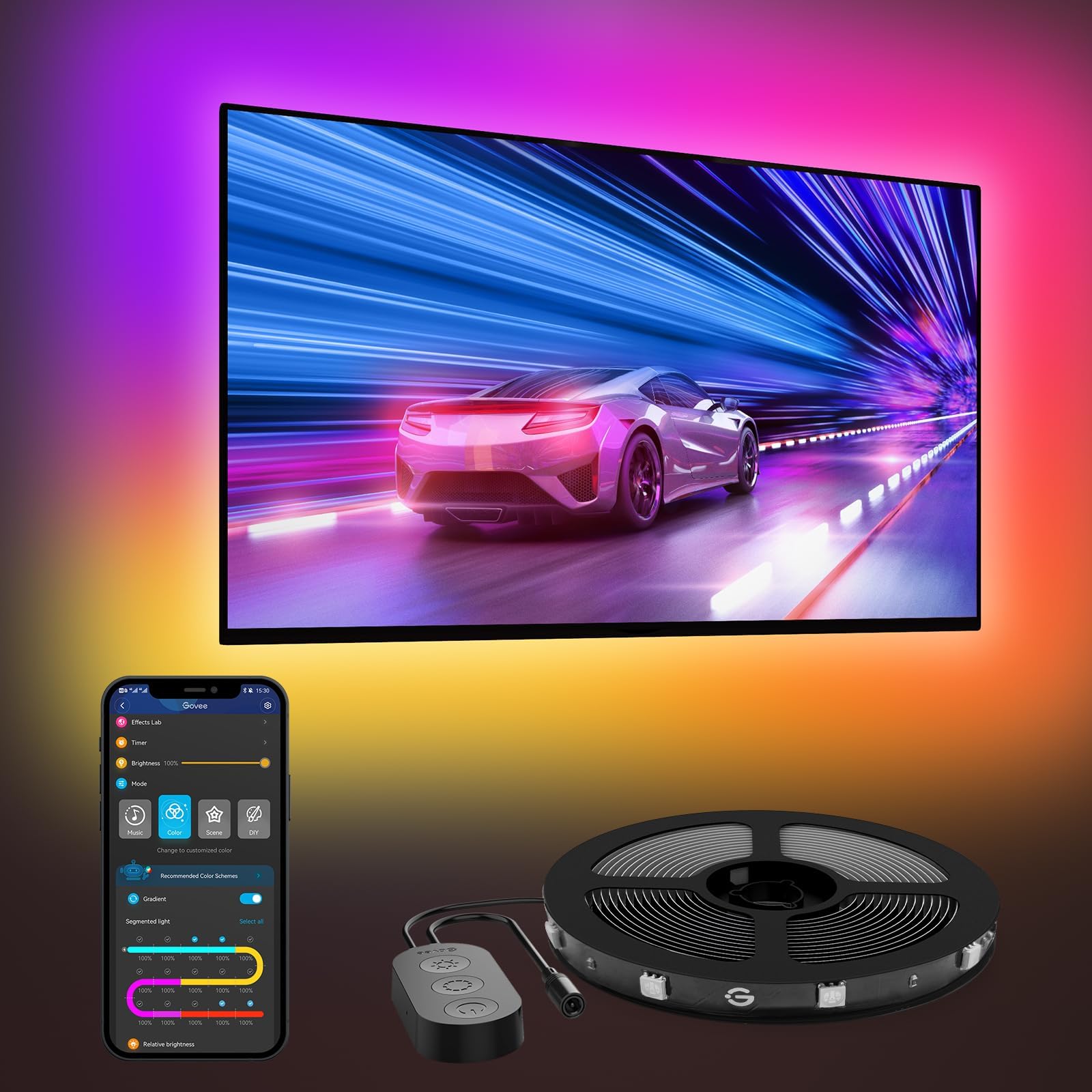 LED TV Backlight, 2.4M RGBIC Backlight for 40-50 inch TV, Smart LED Strip with Bluetooth Wi-Fi and App Control, Works with Alexa and Google Assistant, Music Sync, 76 Profiles