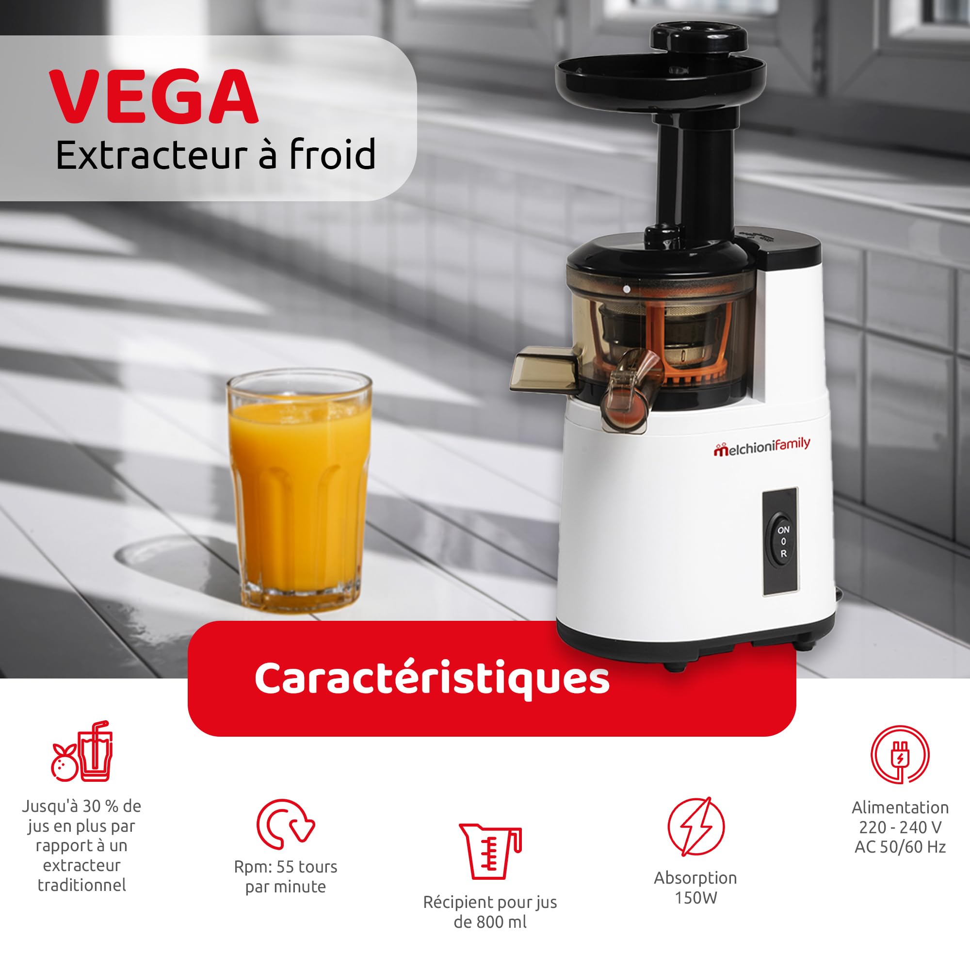 Melchioni Family | Extracteur de Jus de Fruits et Légumes à Froid VEGA, Extraction Lente pour Préserver les Vitamines, Antioxydants et Nutriments, Démontable, 150W, Sans BPA et BPS, Acier Inoxydable