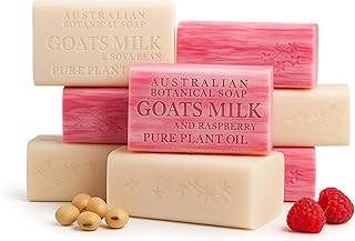 Australian Botanical Soap, Classic Goat Milk and Goat's Milk with Raspberry, 6.6 OZ, Triple Milled Bars made with a Natural Soap Base and Enriched with Organic Shea Butter, Pack of 8