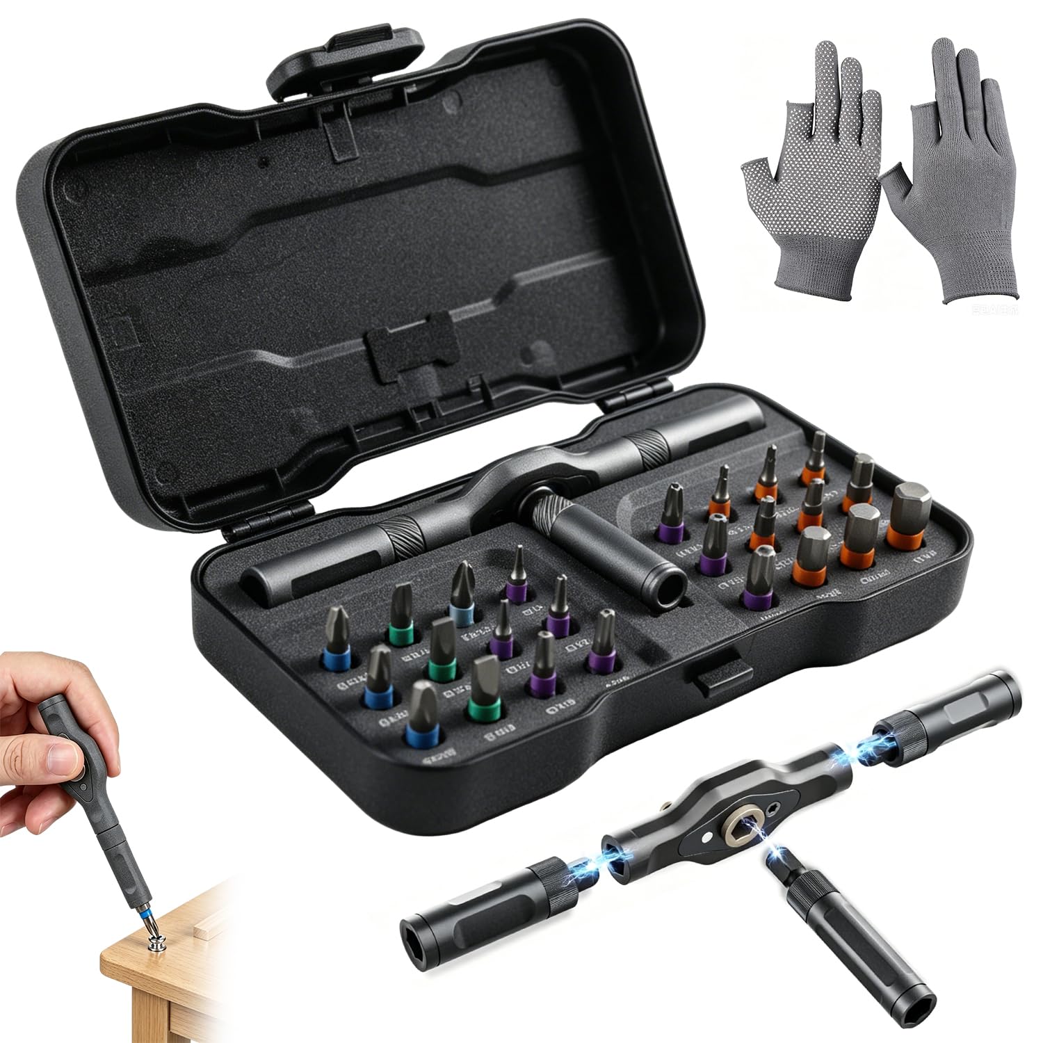 24 in 1 Magnetic Ratchet Screwdriver Set, Multi Bit Free Combination Ratchet Screwdriver Set with S2 Steel Bits, Mini Ratchet Set in Case for Furniture, Computer, DIY Repair, Car, Bicycle and Home
