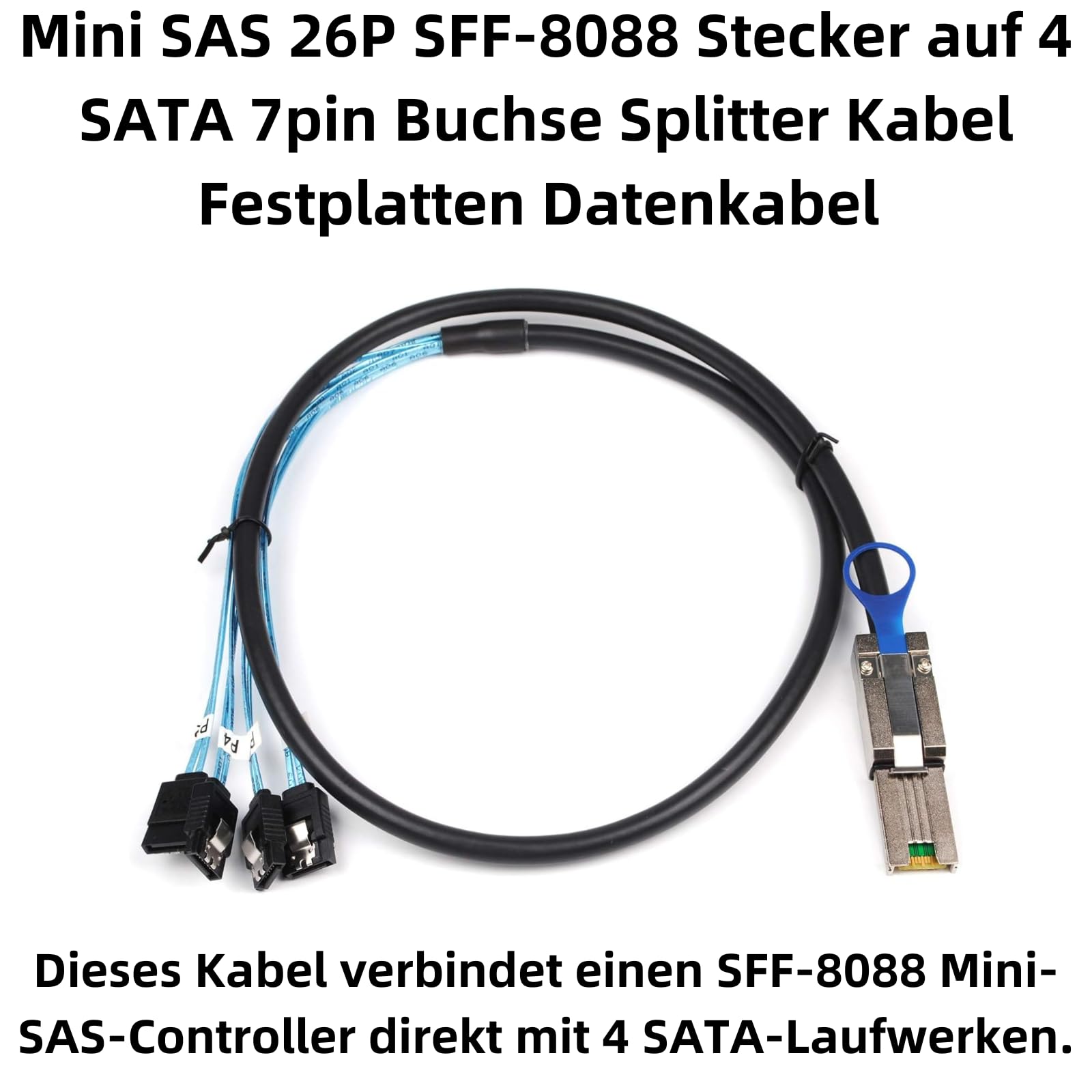 P84CS Mini SAS 26P SFF-8088 a 4 cavi splitter SATA, 1 m - Mini SAS a SATA cavo dati per dischi rigidi, collegamento tra controller mini SAS e unità SATA