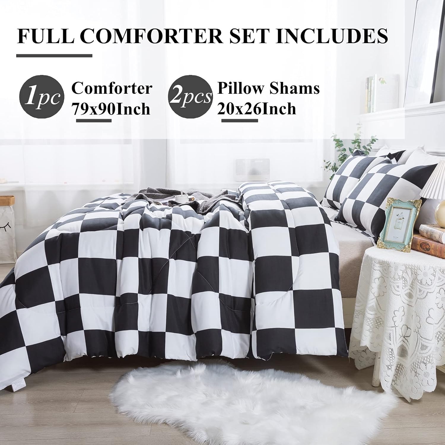 Andency Checkered Comforter Full(79x90Inch), Black White Plaid Gingham Bed Set for Teen Boys Kids, Lightweight Polyester Geometric Preppy Bedding, 3 Pieces