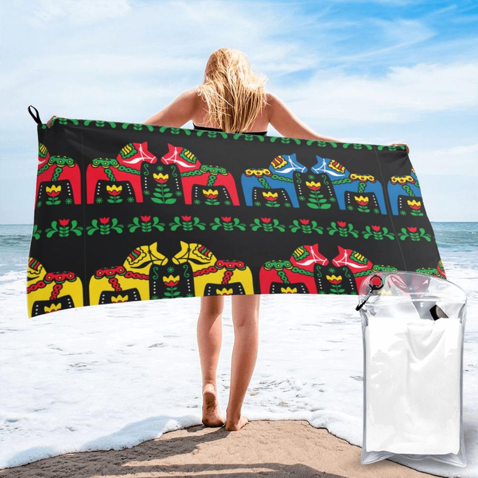 KAPPTYY Runner Swedish Dala Horse Folk Print Quick Dry Towel Bath Shower Beach Wrap For Gym Vacation Adults