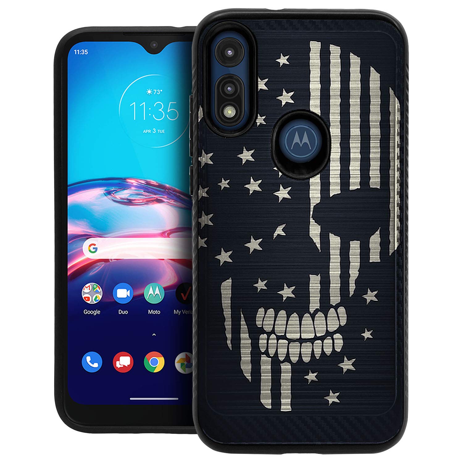 CasesOnDeck Hybrid Case Compatible with [Motorola Moto E (2020) / Moto E] [Brushed Armor] Slim Shock Protecting Cover (USA Skull Flag)