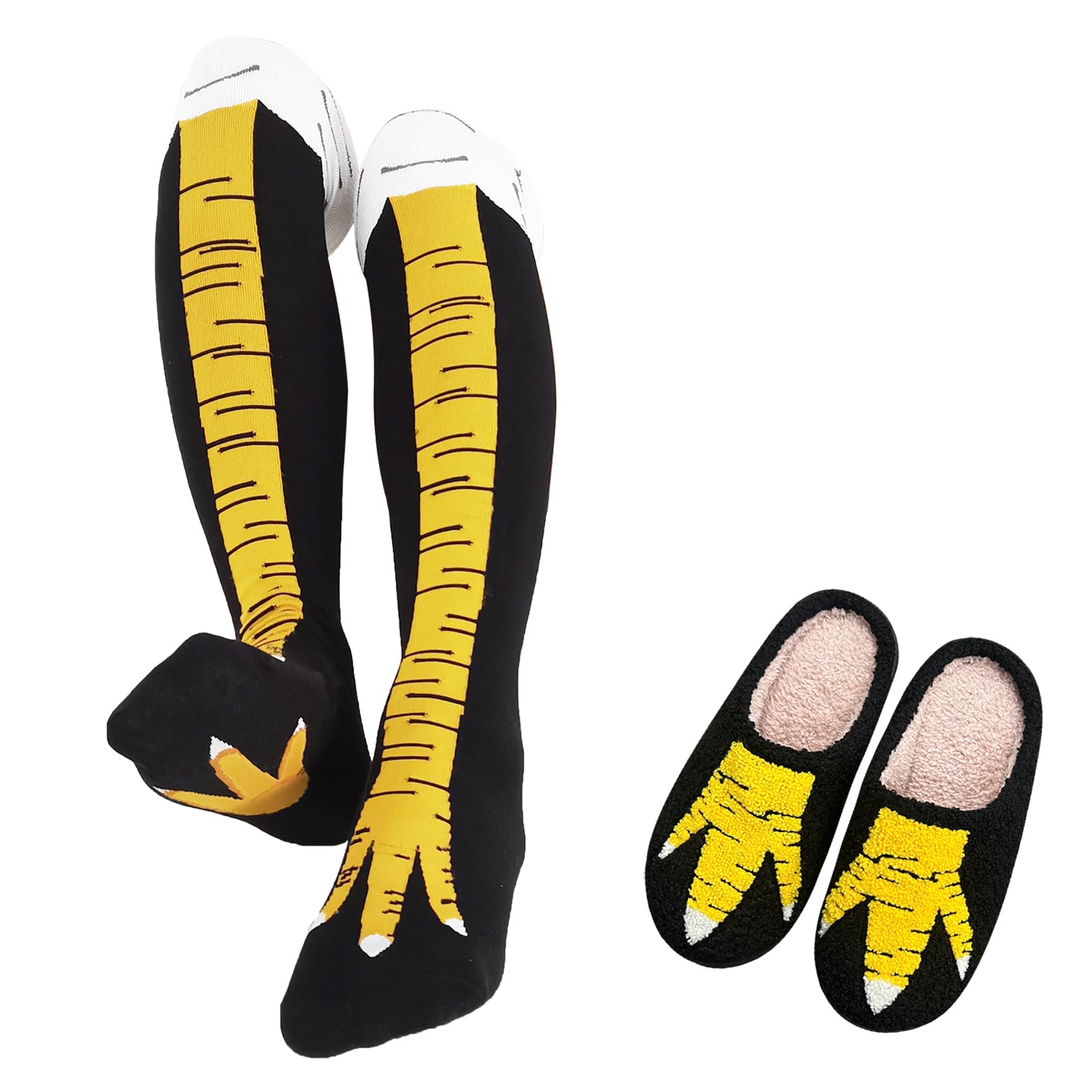 WHOTAY Funny Chicken Slipper with 1 Pair Crazy Chicken Leg Socks for Women Novelty Thanksgiving Turkey Costume Kids Gag Gifts